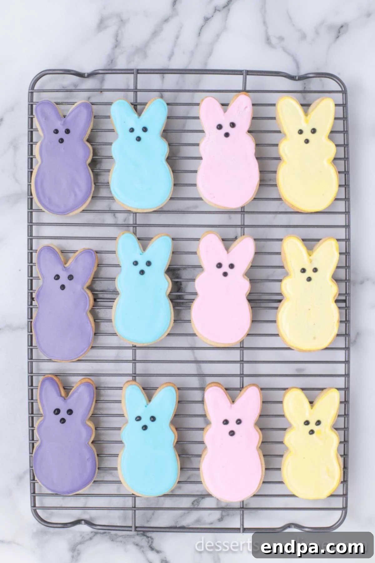 Hoppy Easter Cookie Creations 13 Finished Easter bunny cookies with detailed bunny faces piped on top of the dried pastel icing.