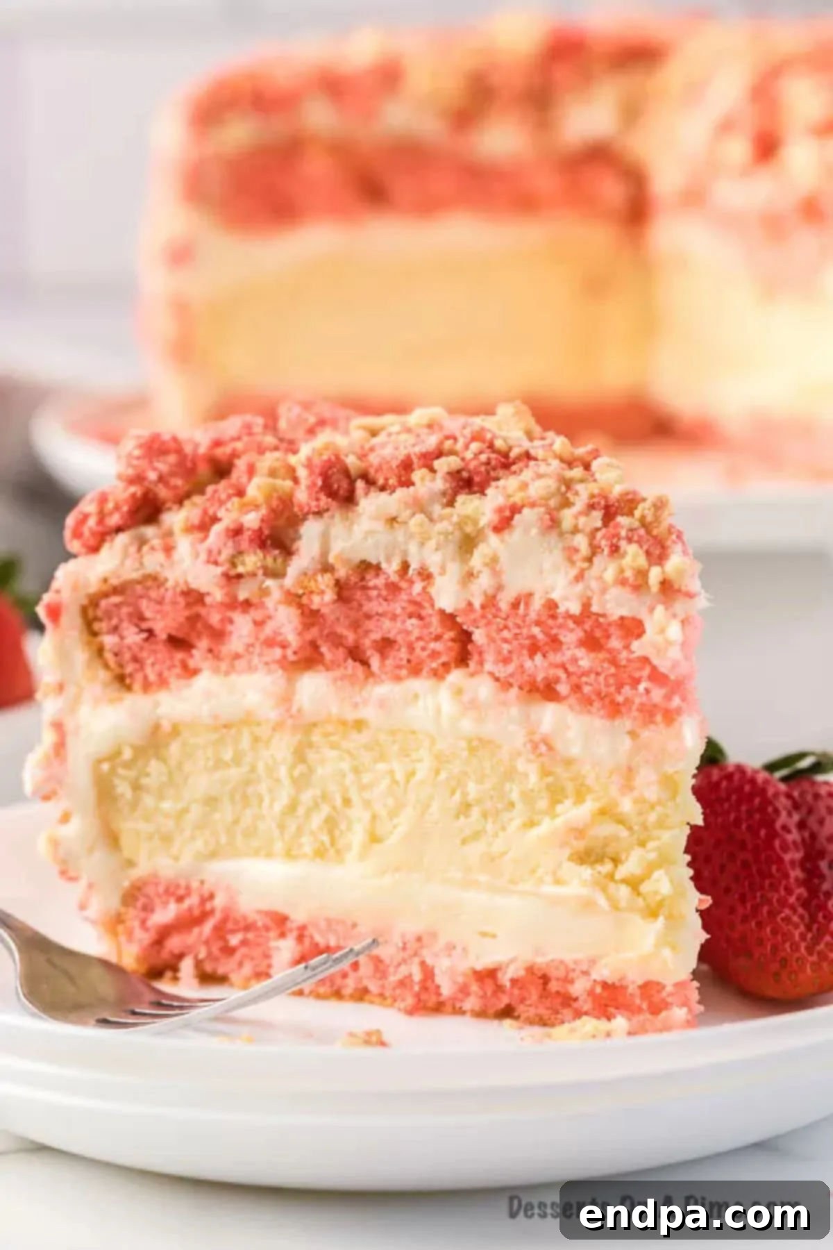 Decadent Strawberry Shortcake Cheesecake 2 A perfectly sliced Strawberry Shortcake Cheesecake on a white plate, showcasing its beautiful layers.