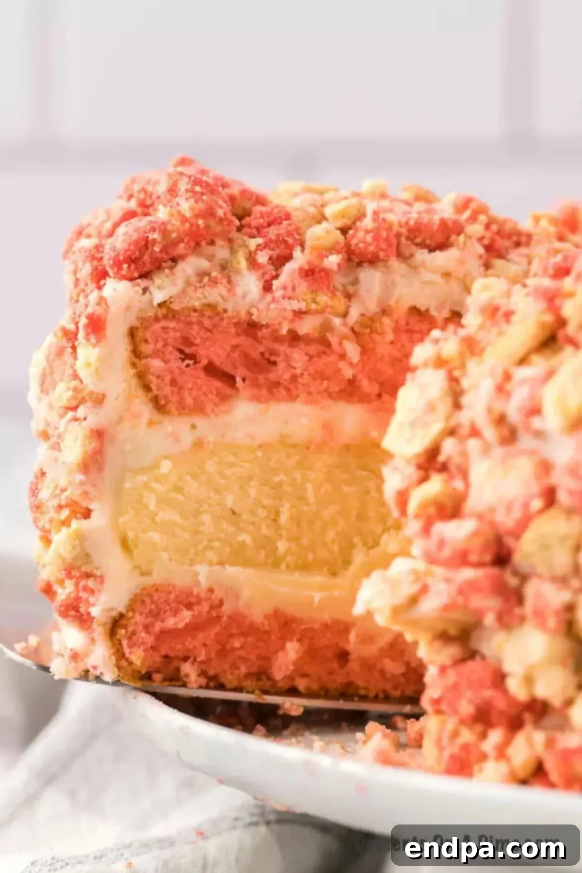 Decadent Strawberry Shortcake Cheesecake 15 A slice of Strawberry Shortcake Cheesecake being served from the decorated cake.