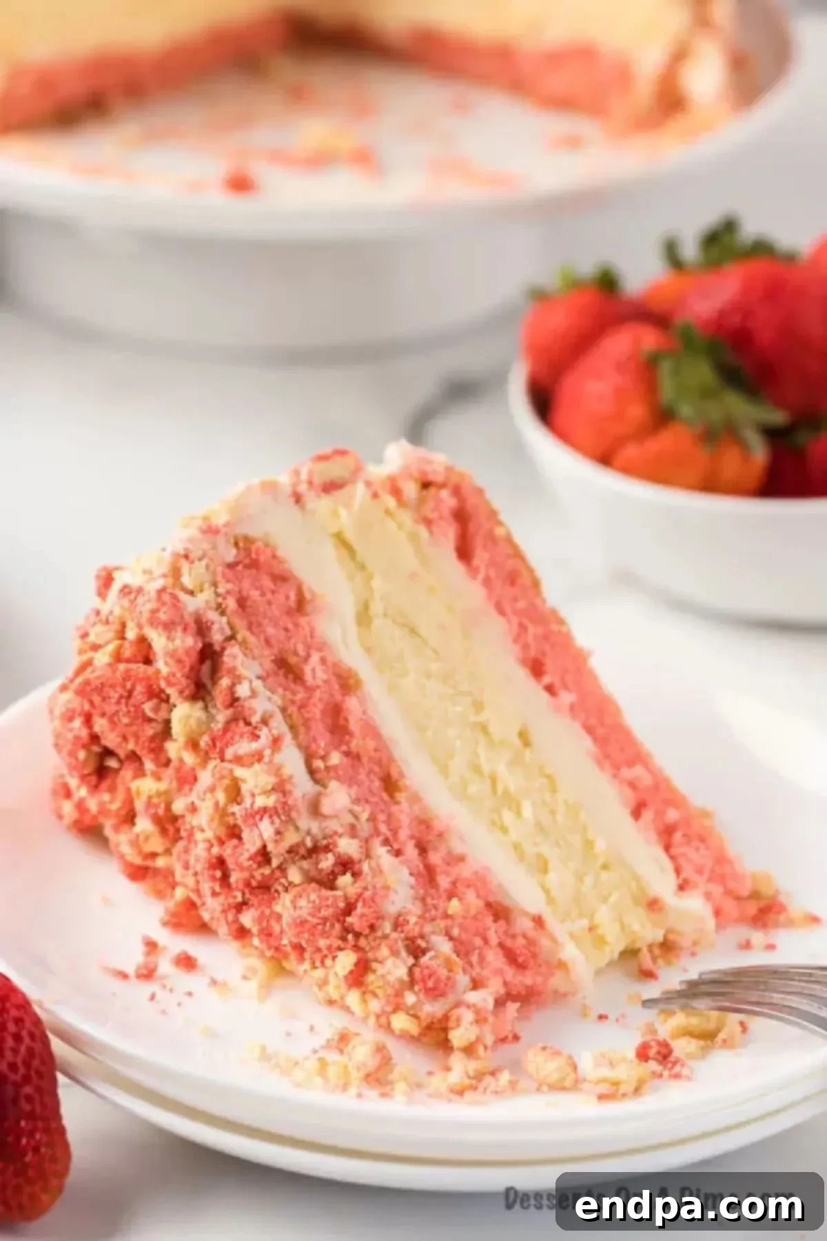 Decadent Strawberry Shortcake Cheesecake 16 A close-up of a slice of Strawberry Shortcake Cheesecake, showing the distinct layers and crumb topping, on a plate.