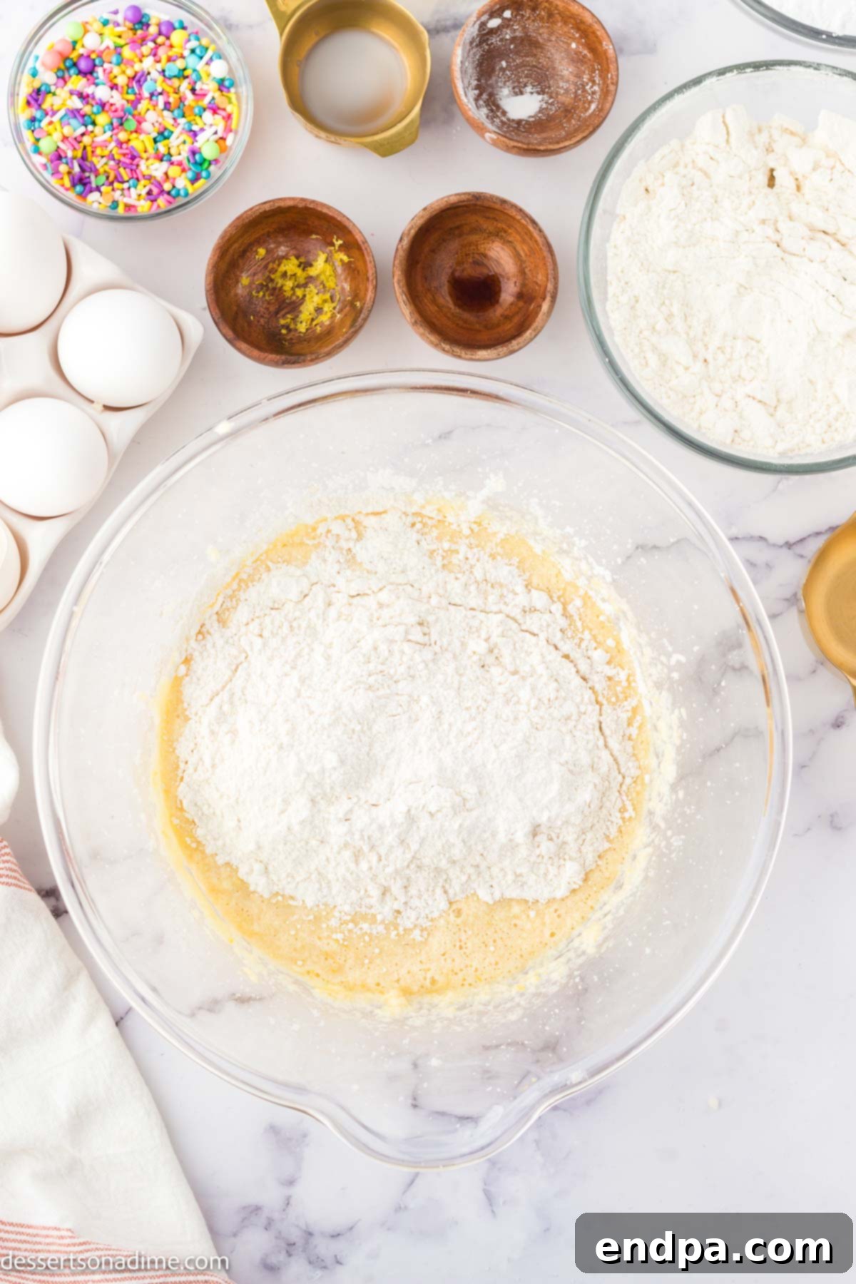 Dry ingredients combined with wet ingredients. 