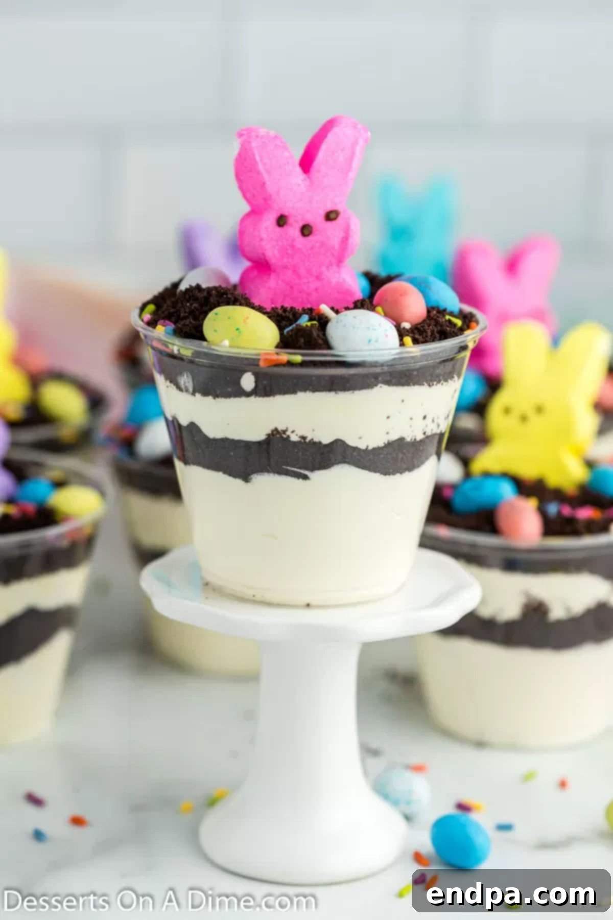 Easter Bunny Burrow Cups 2 Easter Dirt cups topped with peeps.