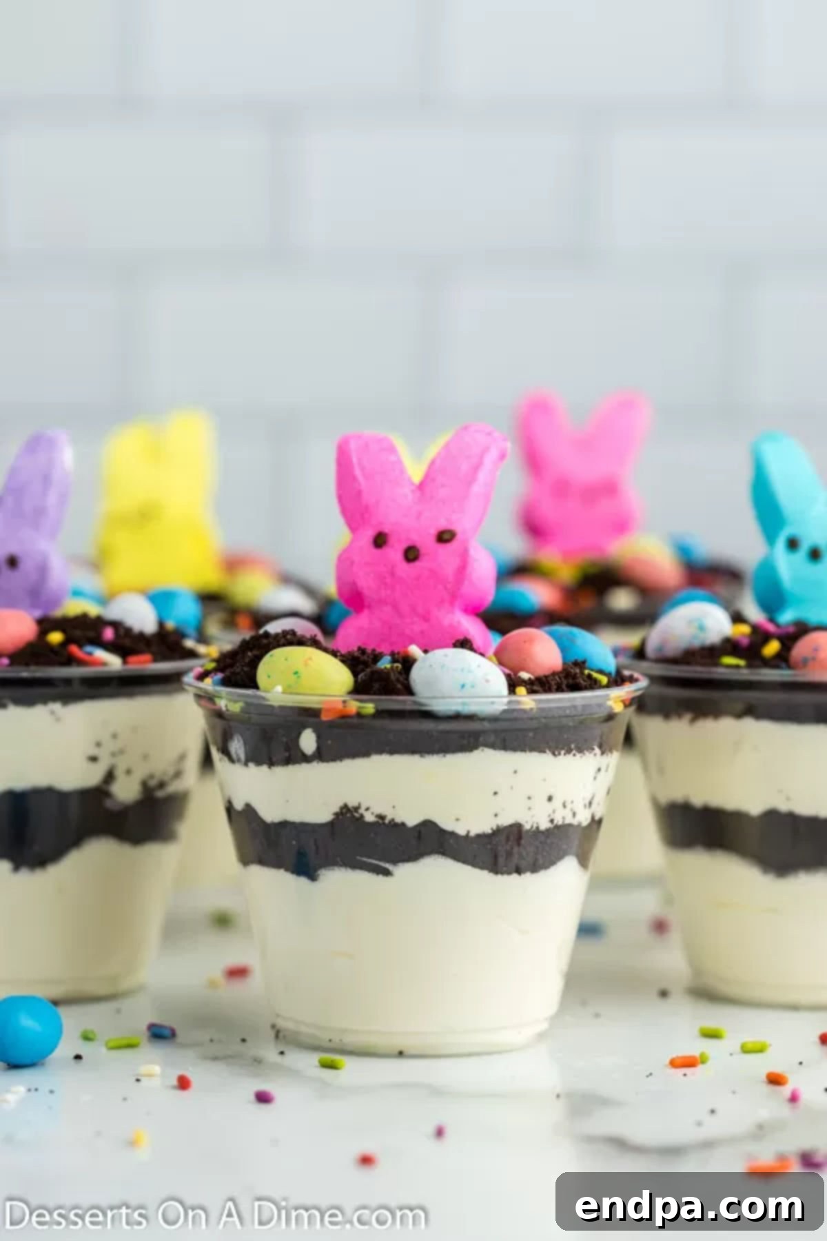 Easter Bunny Burrow Cups 11 Easter Dirt cups topped with peeps.