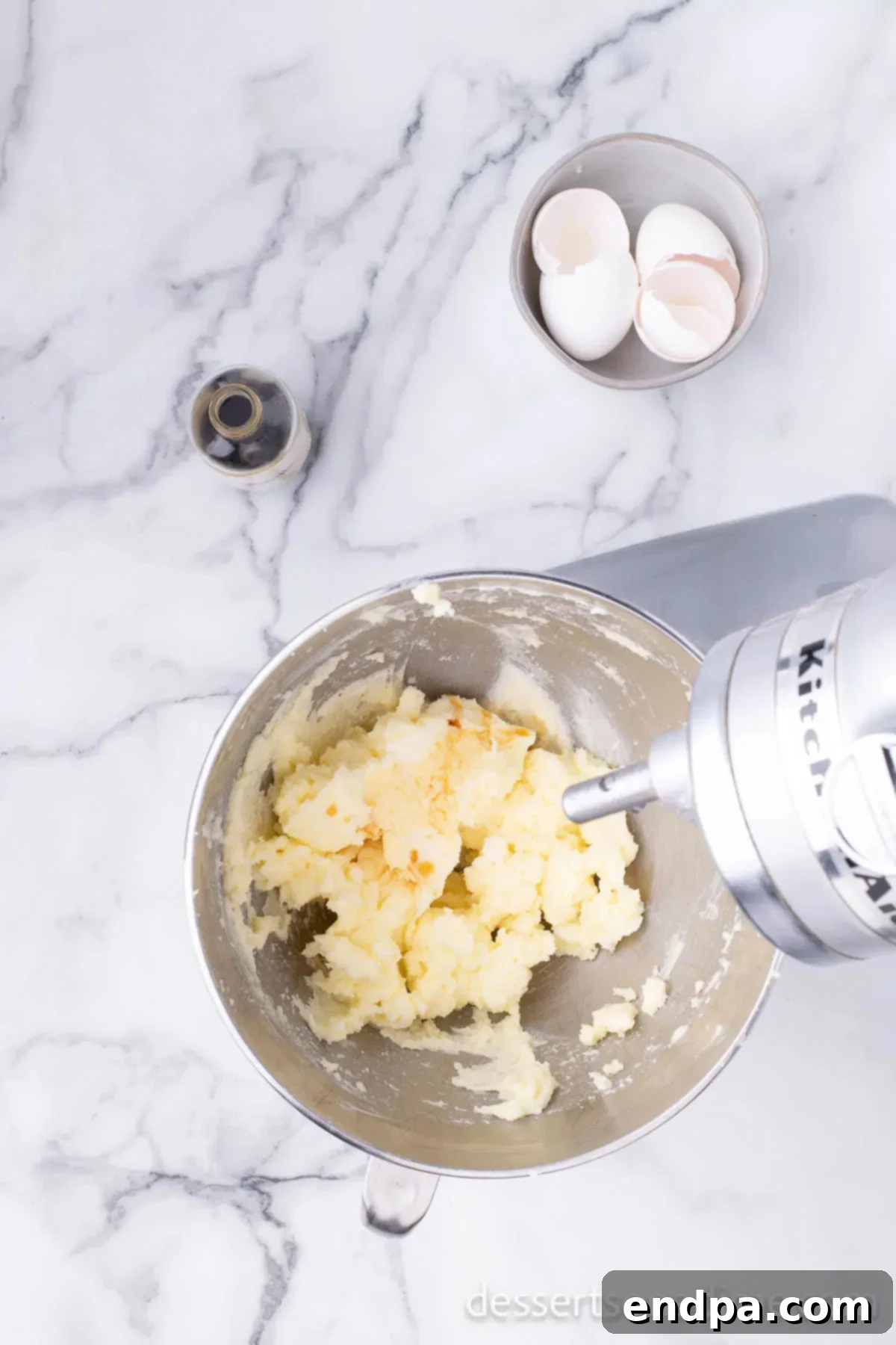 Eggs added to butter mixture. 