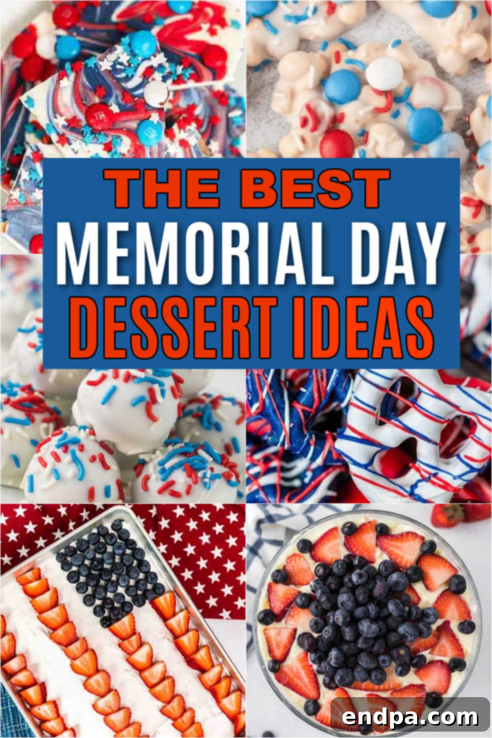 Collage of Memorial Day Desserts - A collection of red, white, and blue cakes, cookies, and other treats perfect for patriotic celebrations.
