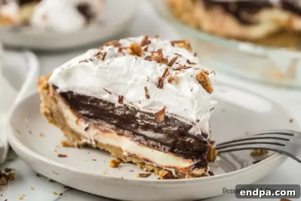 A perfectly sliced Arkansas Possum Pie, showcasing its distinct layers on a rustic plate.