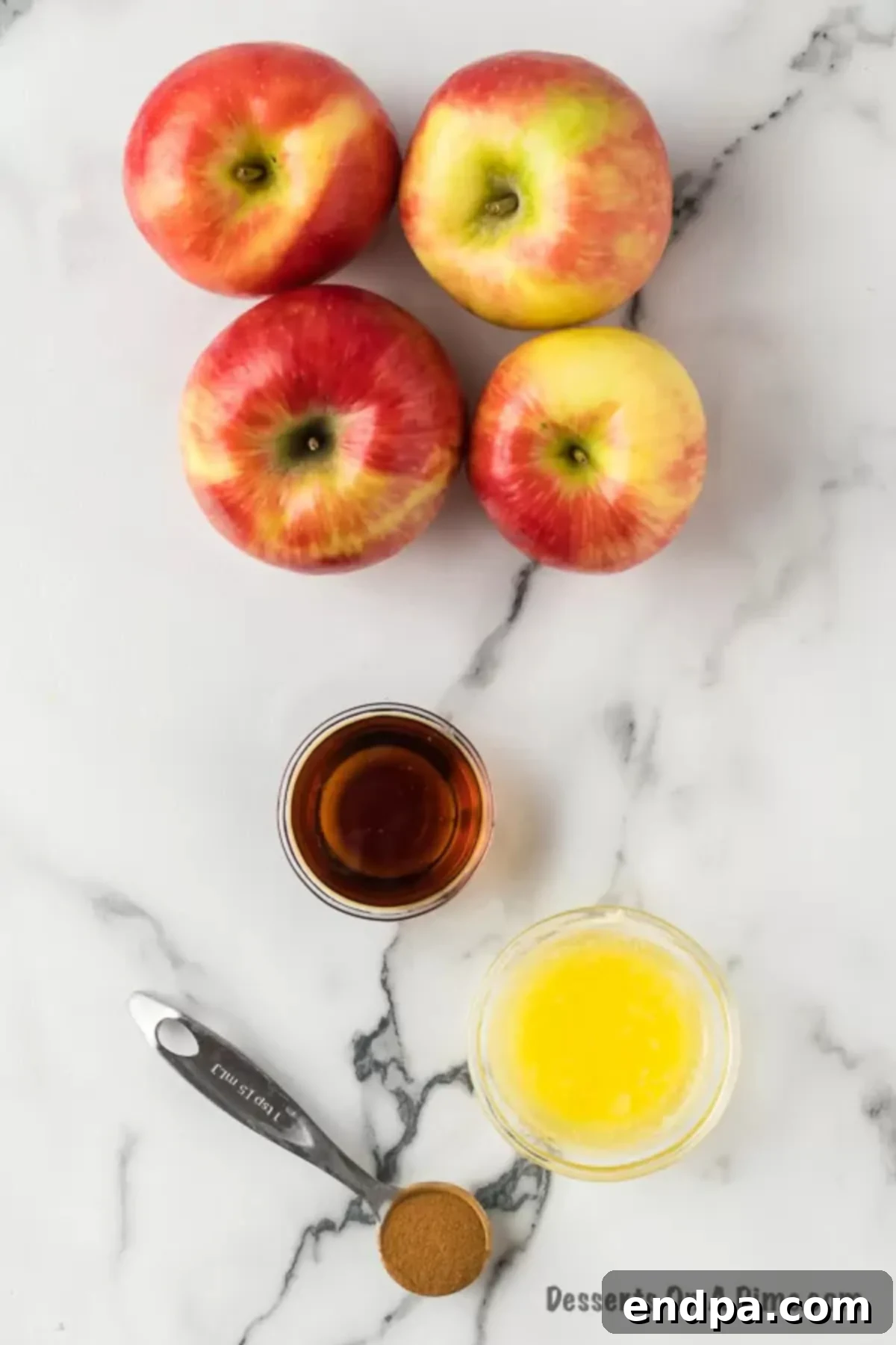 Golden Air Fryer Apple Slices 3 Ingredients for Air fryer apples - apples, butter, maple syrup, brown sugar.