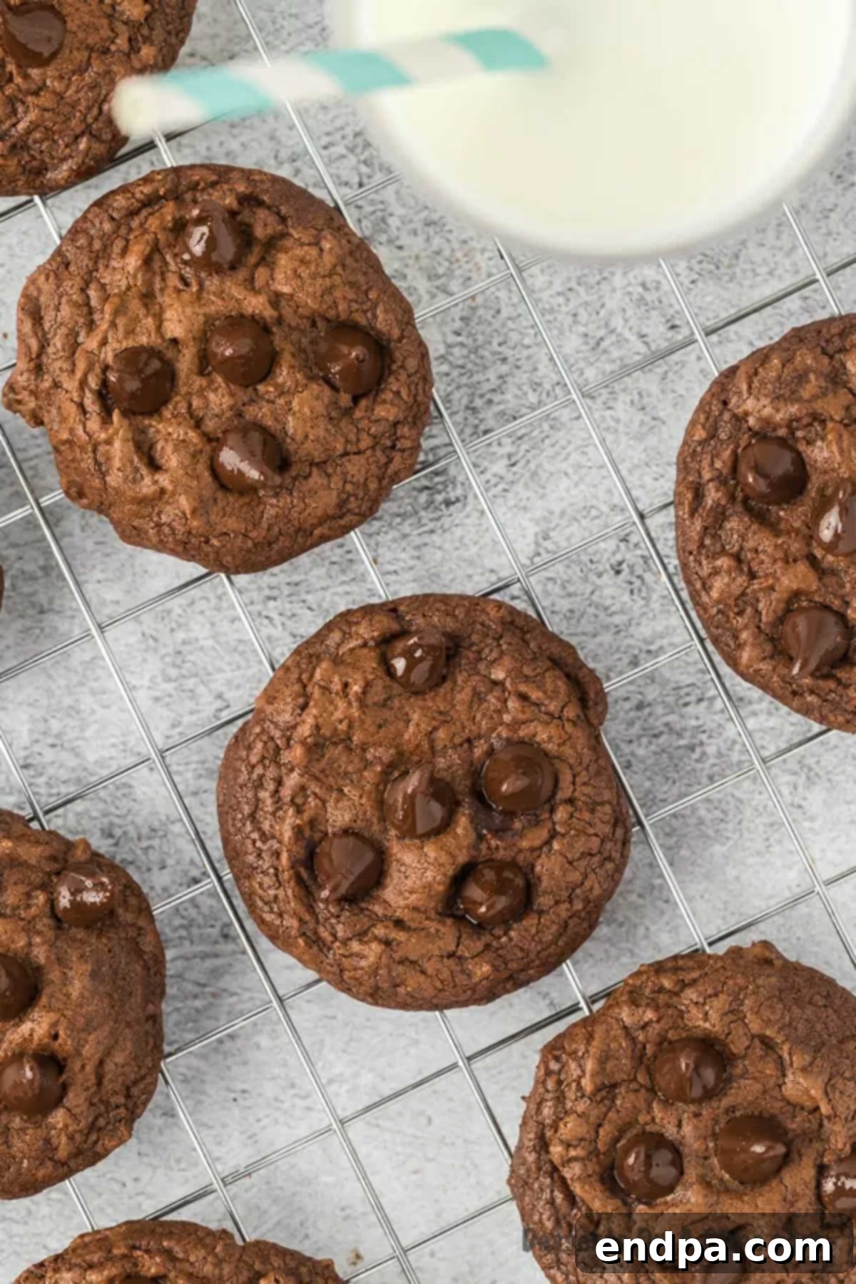 Warm brownie cookies resting on a wire rack to cool completely.