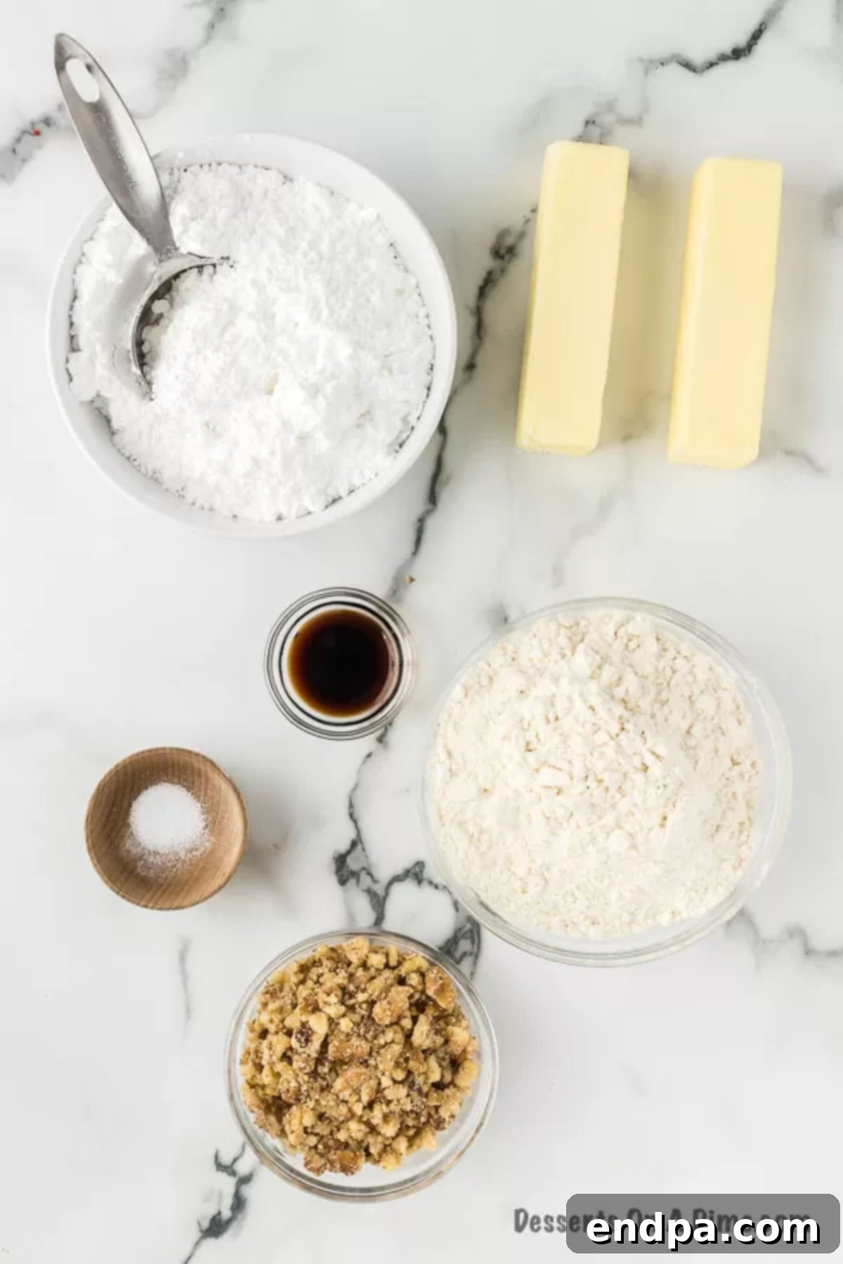 Powdered Sugar Dreams 3 Ingredients for Russian tea cakes - flour, butter, nuts, vanilla, powdered sugar.