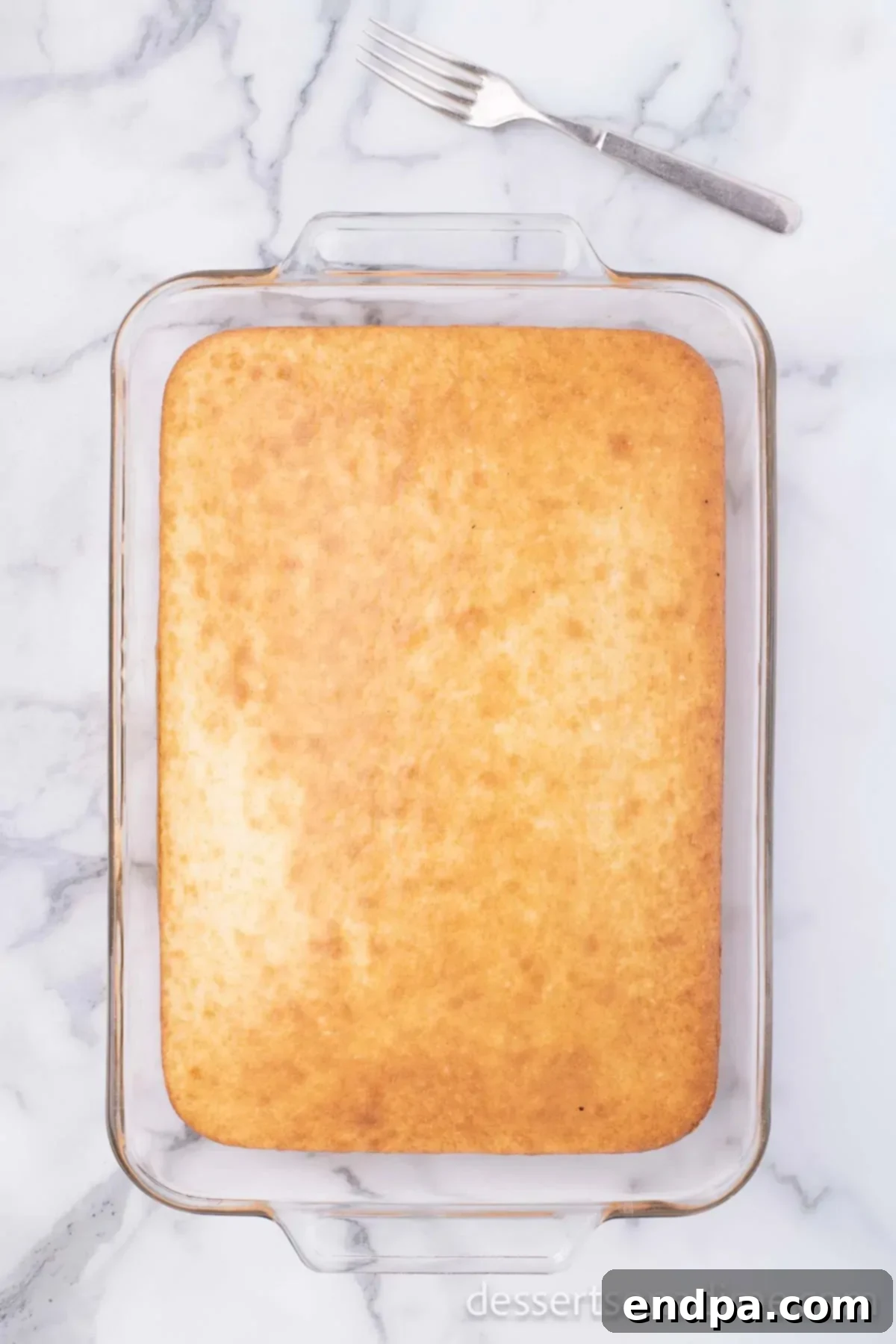 Baked cake cooling in a baking dish, ready for the next step.