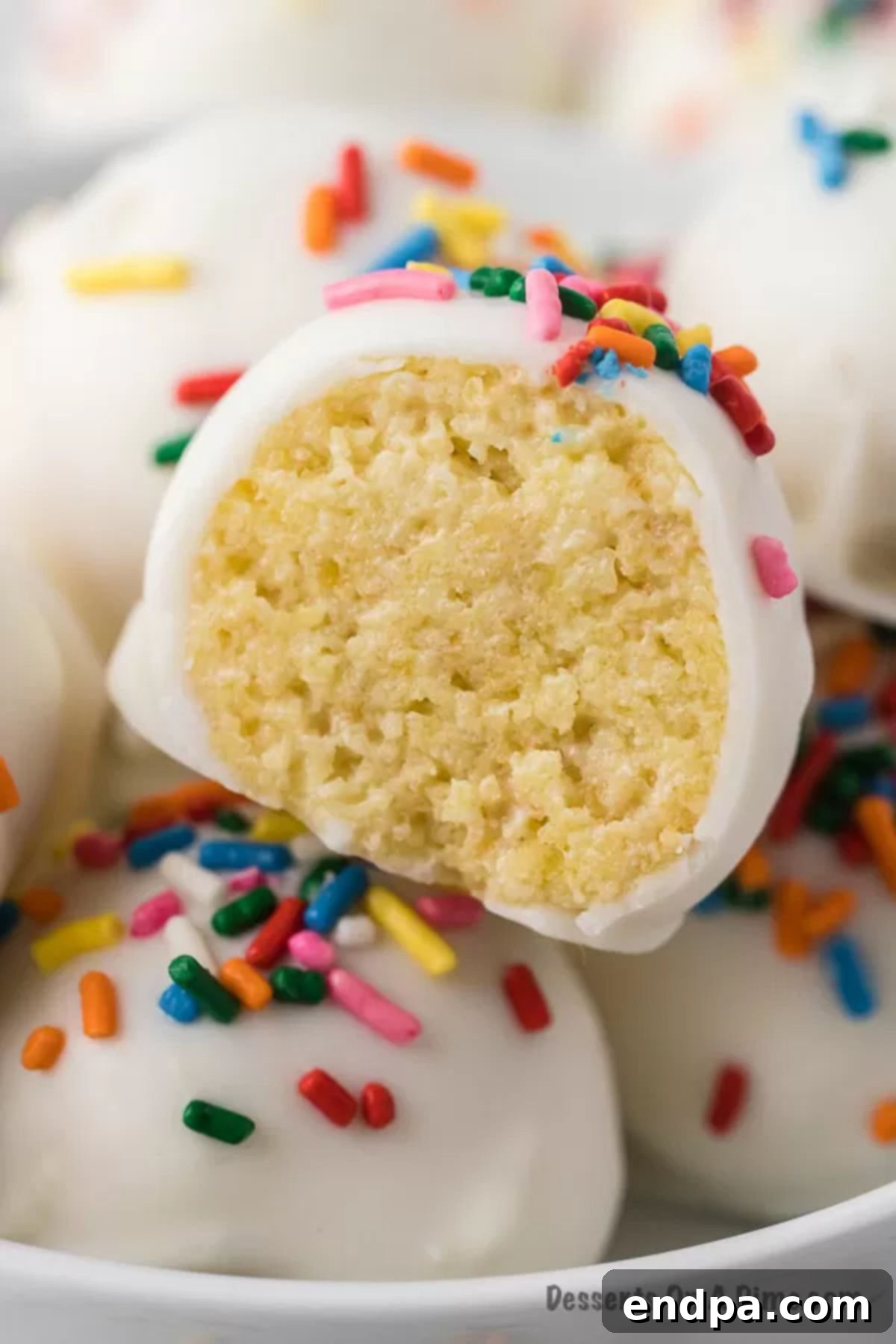 Close up image of several vanilla cake balls with sprinkles in a white bowl, showcasing their texture.