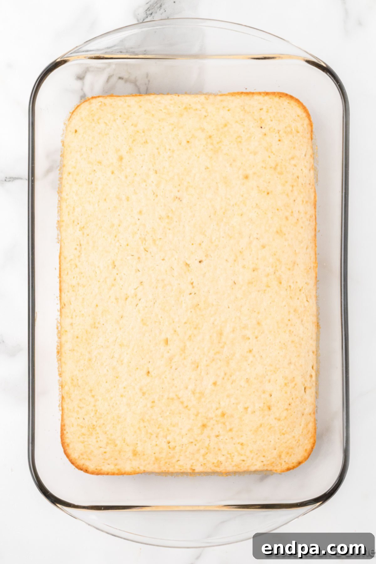 A baked cake cooling in a rectangular pan.
