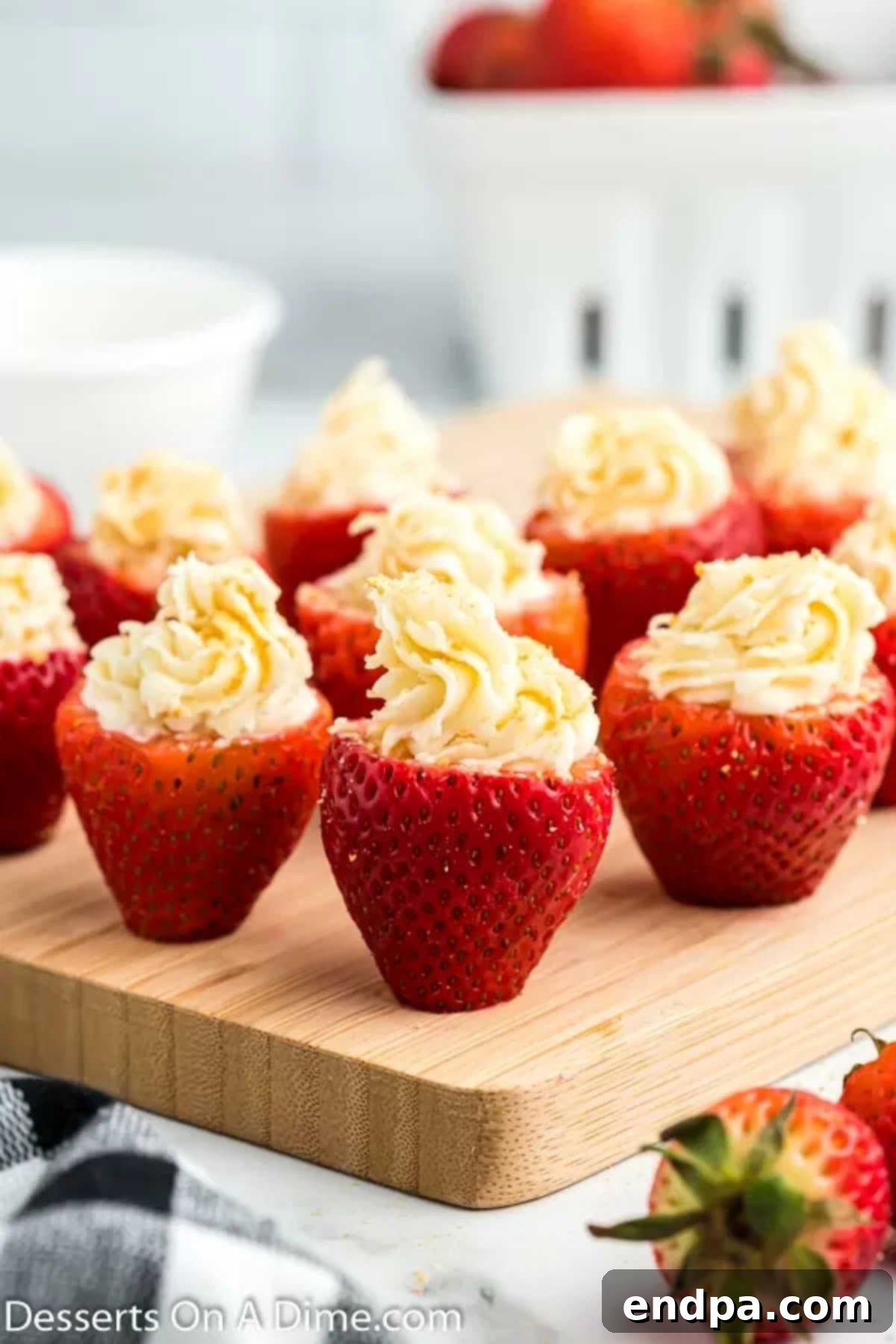Close up of cheesecake stuffed strawberries, showcasing the creamy filling and graham cracker topping.