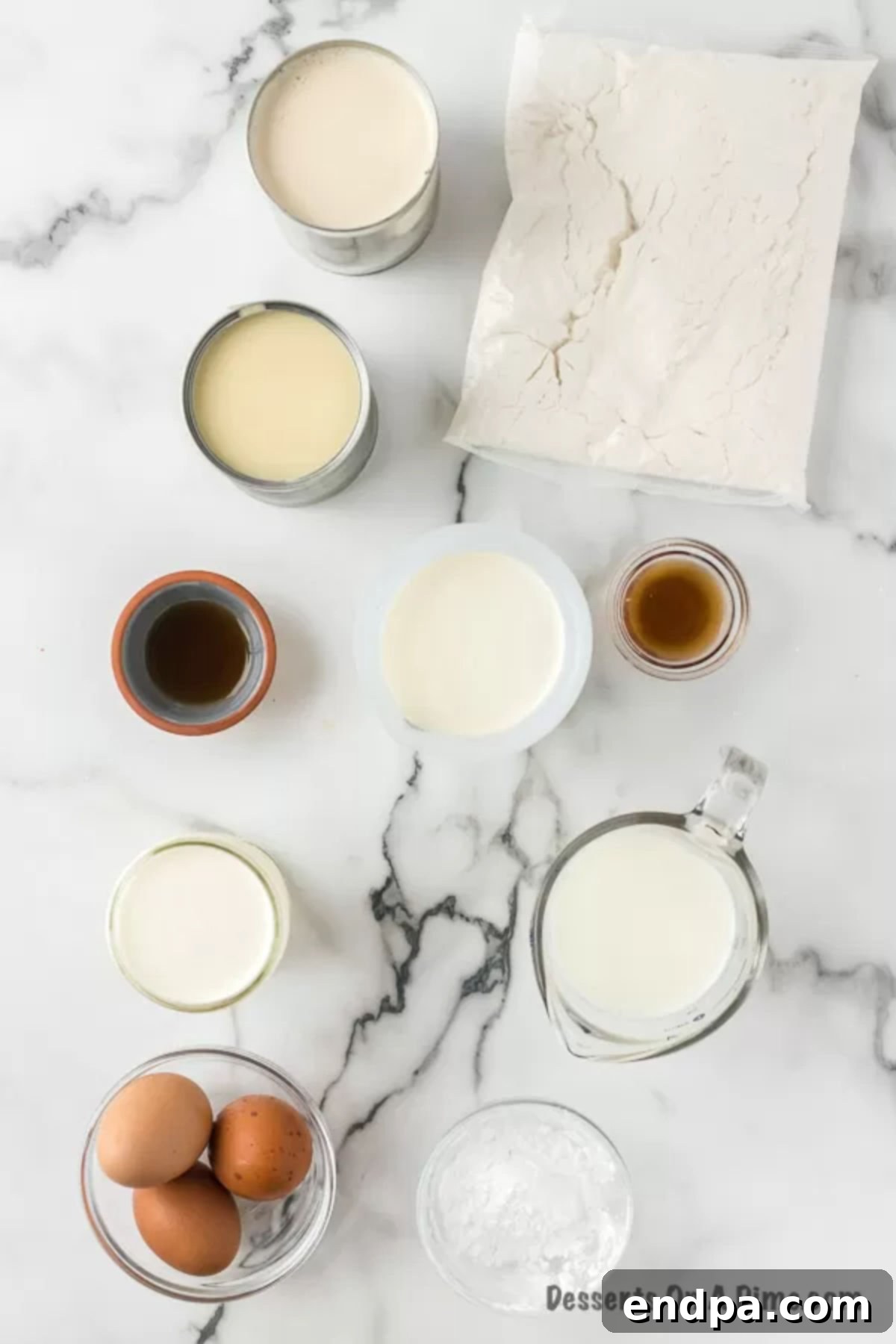 Ingredients needed - yellow cake mix, eggs, milk, vanilla extract, sweetened condensed milk, evaporated milk, heavy whipping cream, powdered sugar, ground cinnamon, sliced strawberries