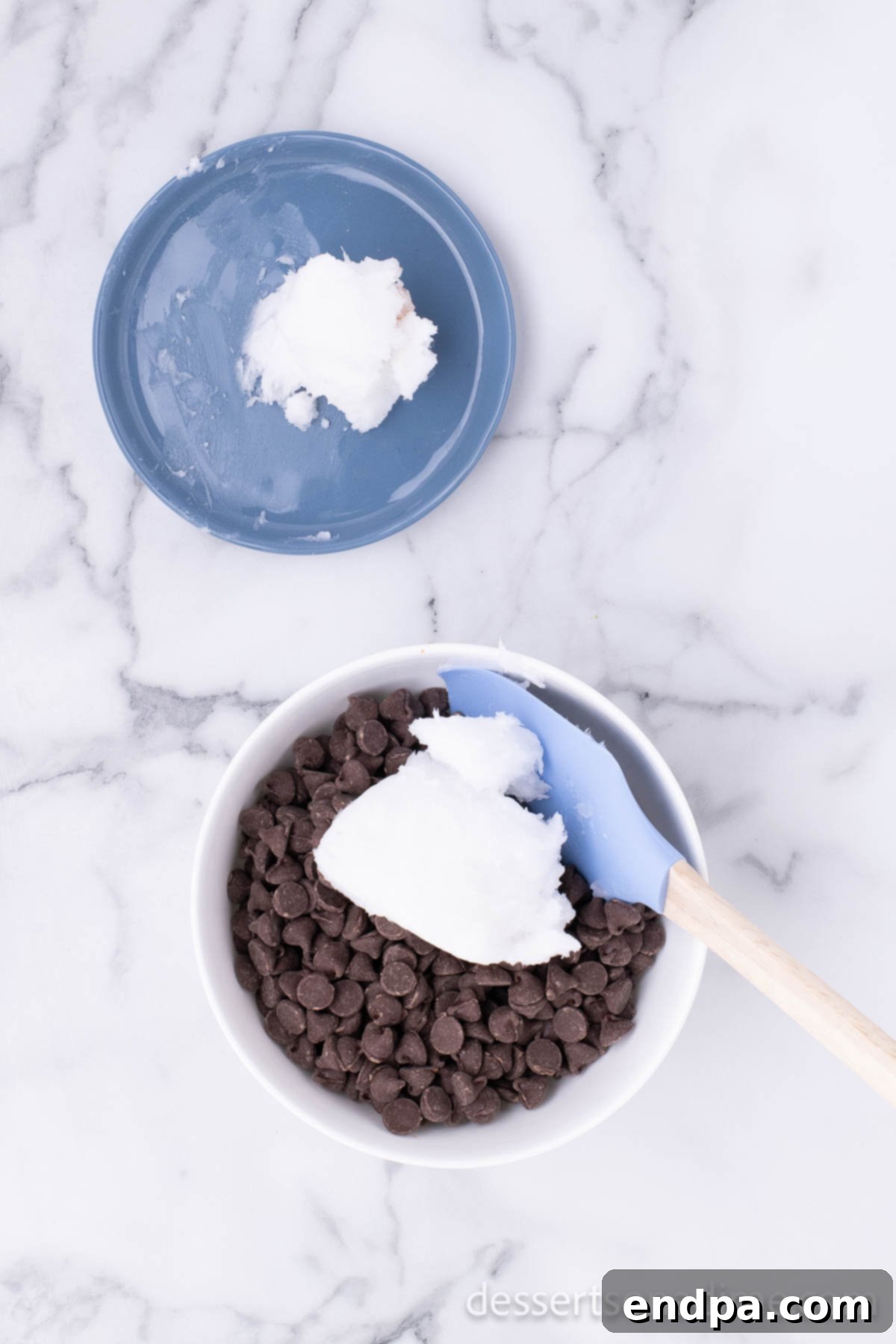 Homemade Hardening Chocolate Topping 4 Bowl with chocolate chips and coconut oil, ready for the microwave.