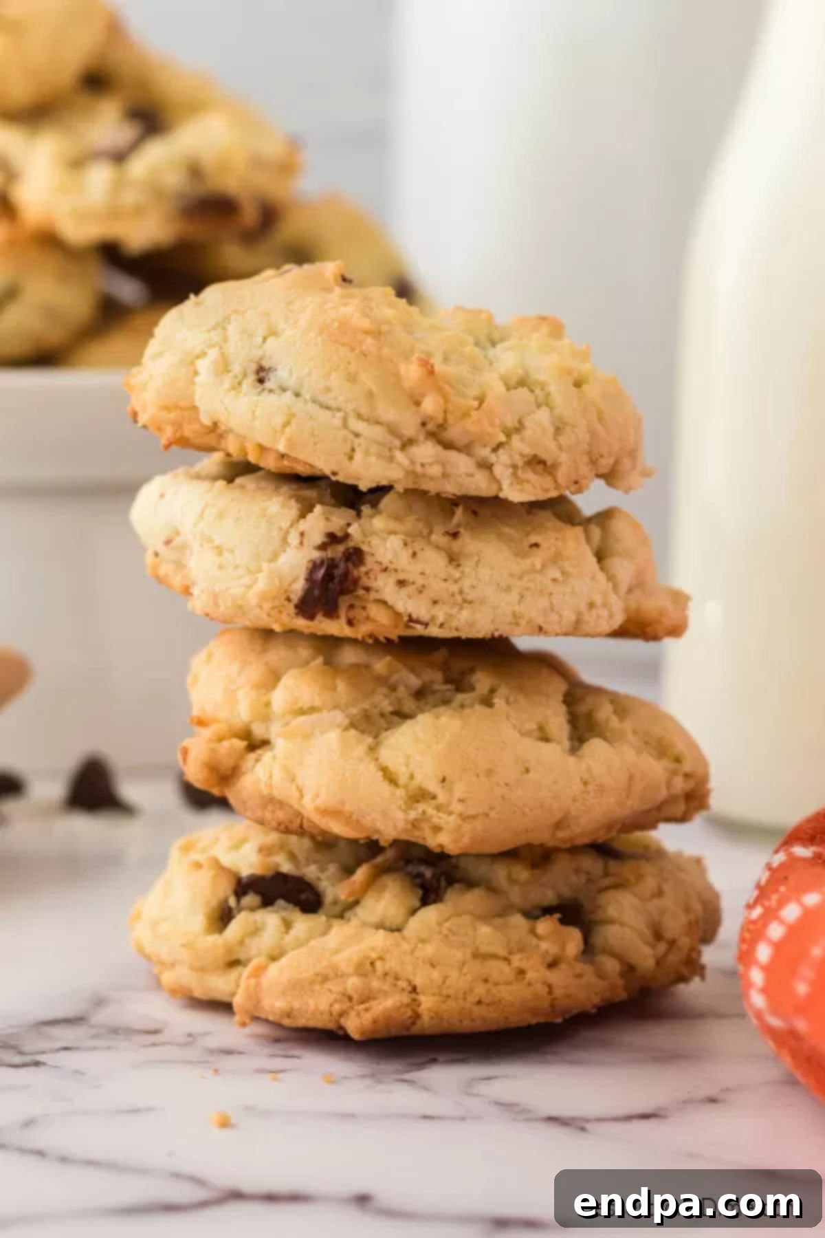 Chewy Coconut Chocolate Chip Dreams 2 Coconut chocolate chip cookies stacked together, showcasing their soft texture and chocolate chips.