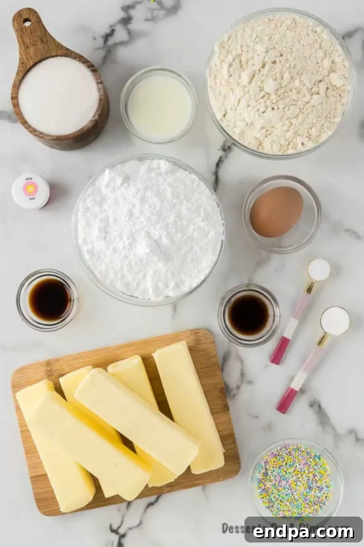 Perfectly Soft Sugar Cookie Bars 3 Essential ingredients for the sugar cookie bars, including butter, sugar, egg, vanilla extract, flour, baking powder, and salt.