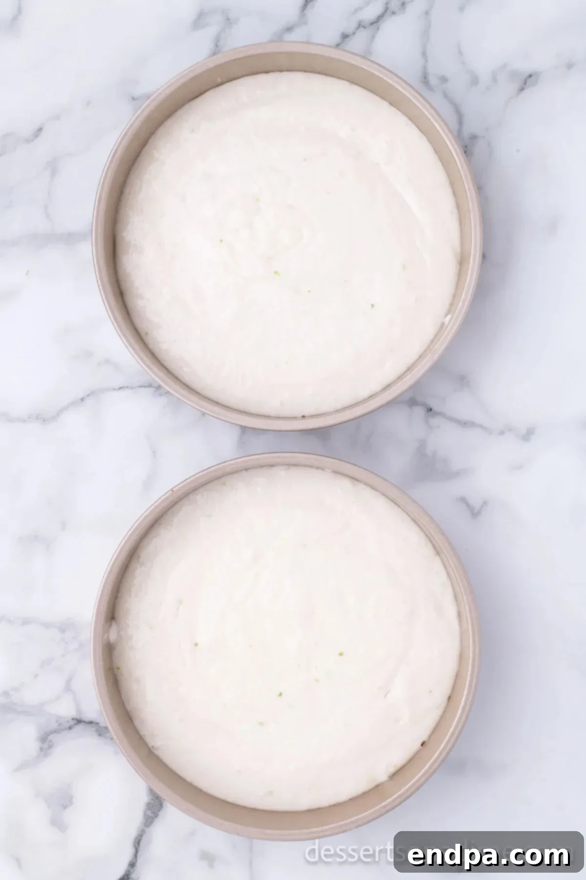 Cake batter poured into two round cake pans, ready for baking.