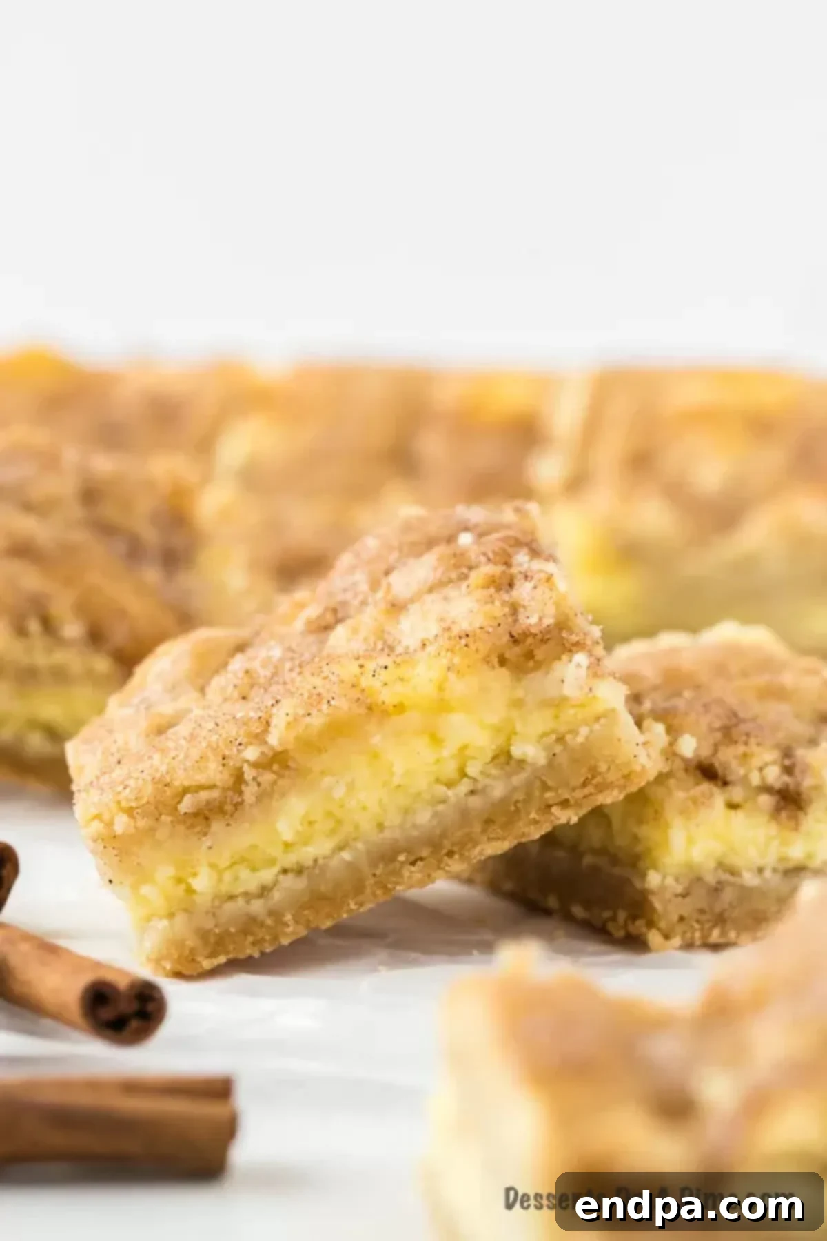 Irresistible Snickerdoodle Cheesecake Bars 2 Snickerdoodle cheesecake bars cut into perfect squares, showcasing the layers of cookie crust, creamy cheesecake, and cinnamon sugar topping.