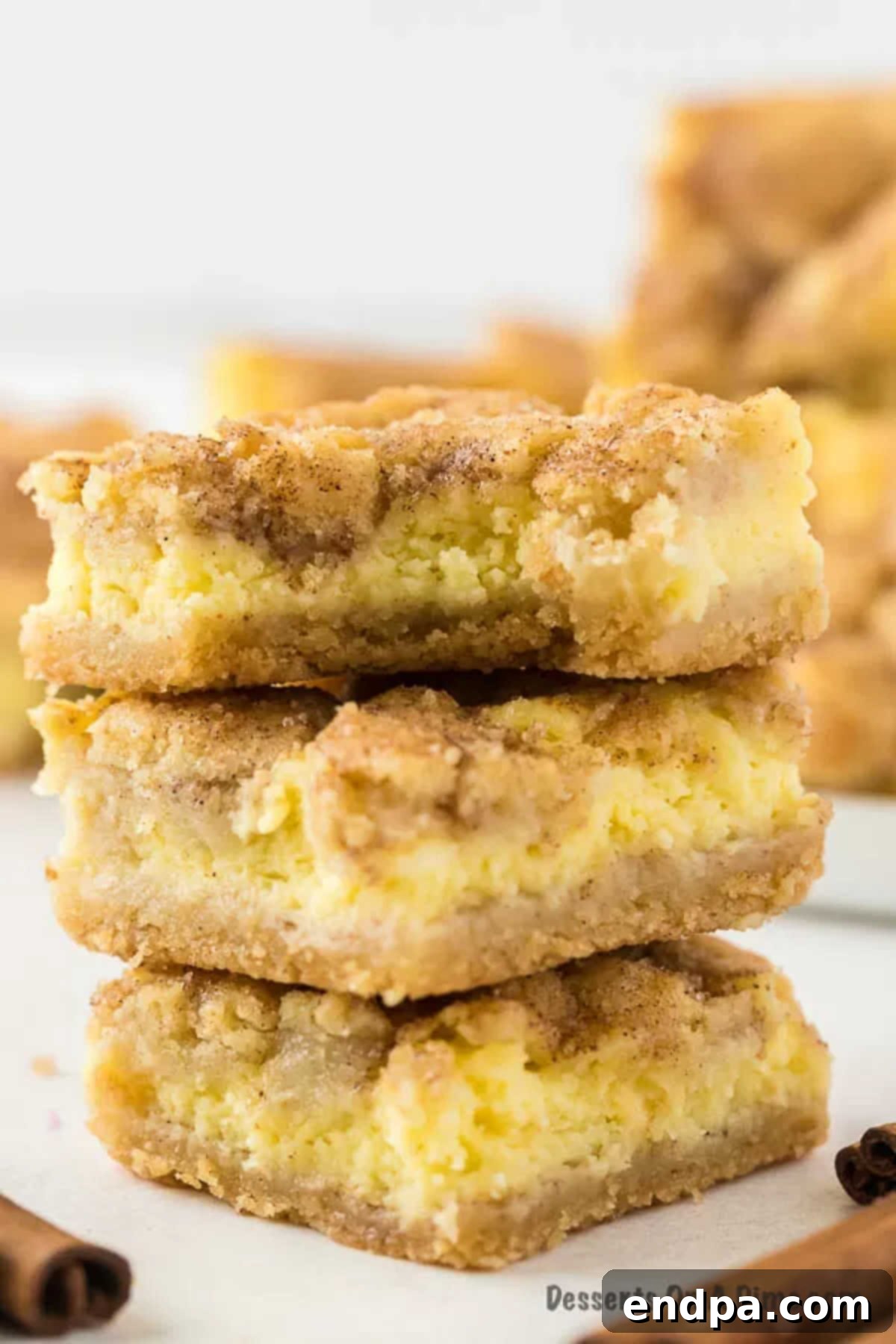 Irresistible Snickerdoodle Cheesecake Bars 14 Beautifully sliced Snickerdoodle cheesecake bars, showcasing their golden-brown cookie crust and creamy, white cheesecake layer, ready to be enjoyed.