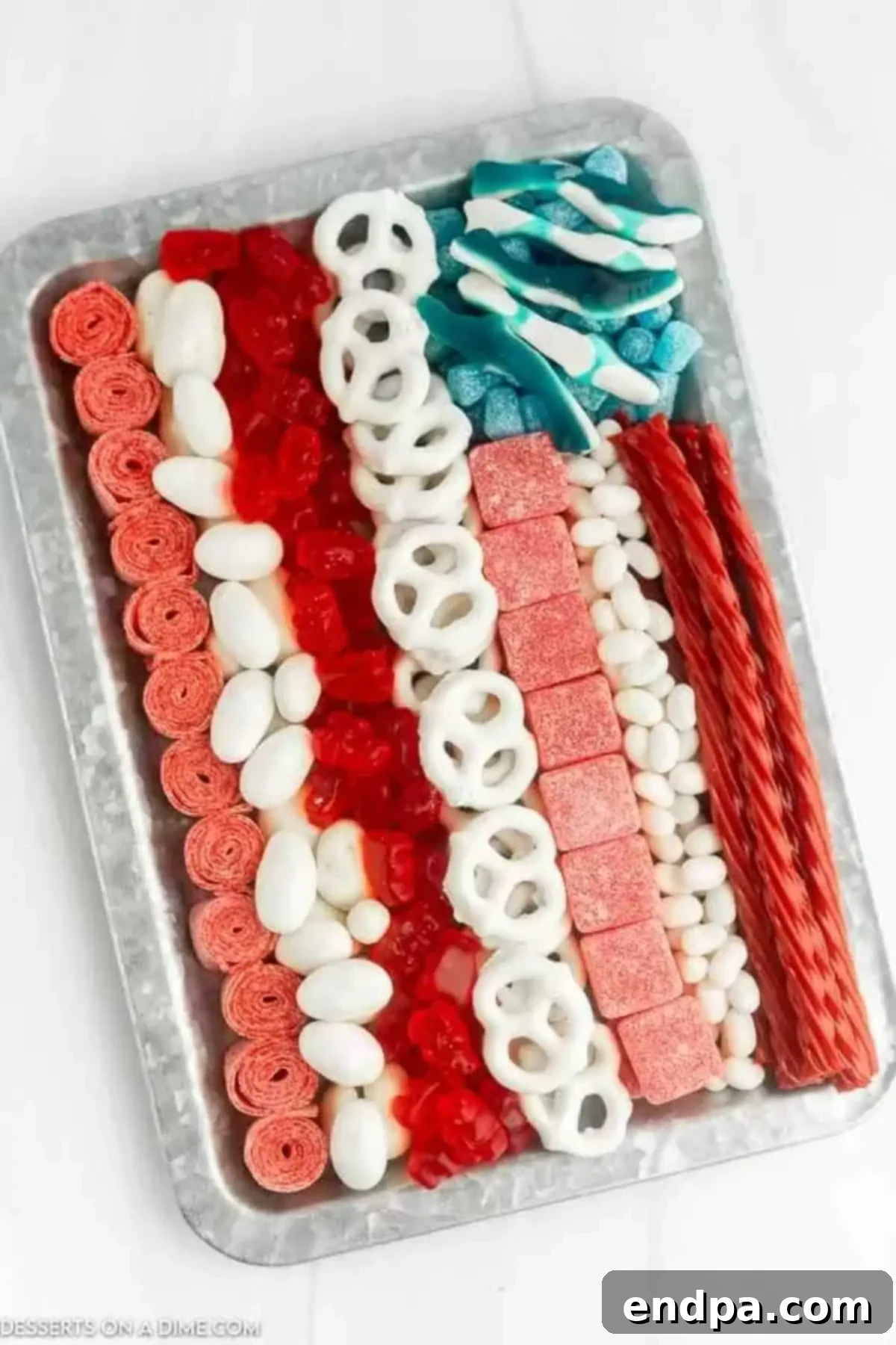 American flag candy charcuterie board on a tray.