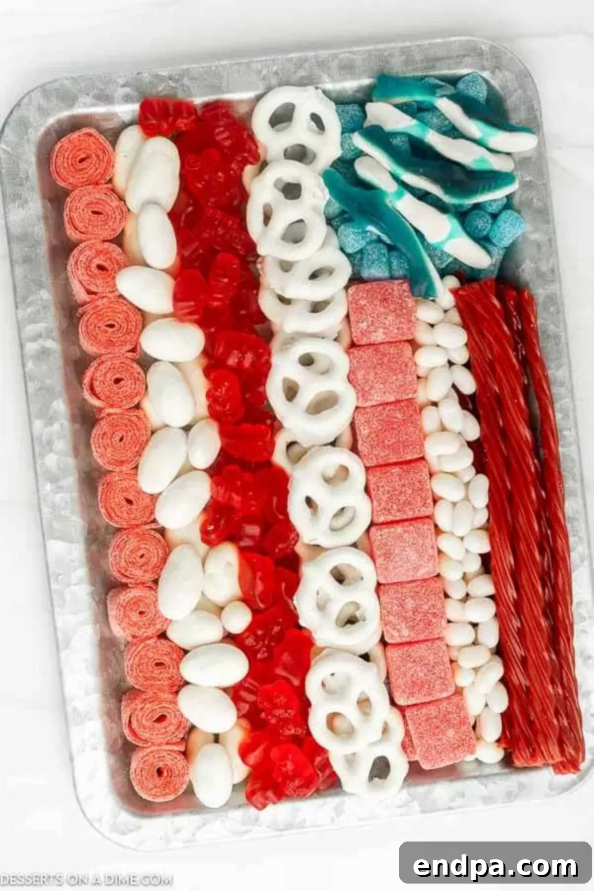 American flag candy charcuterie board on a tray.