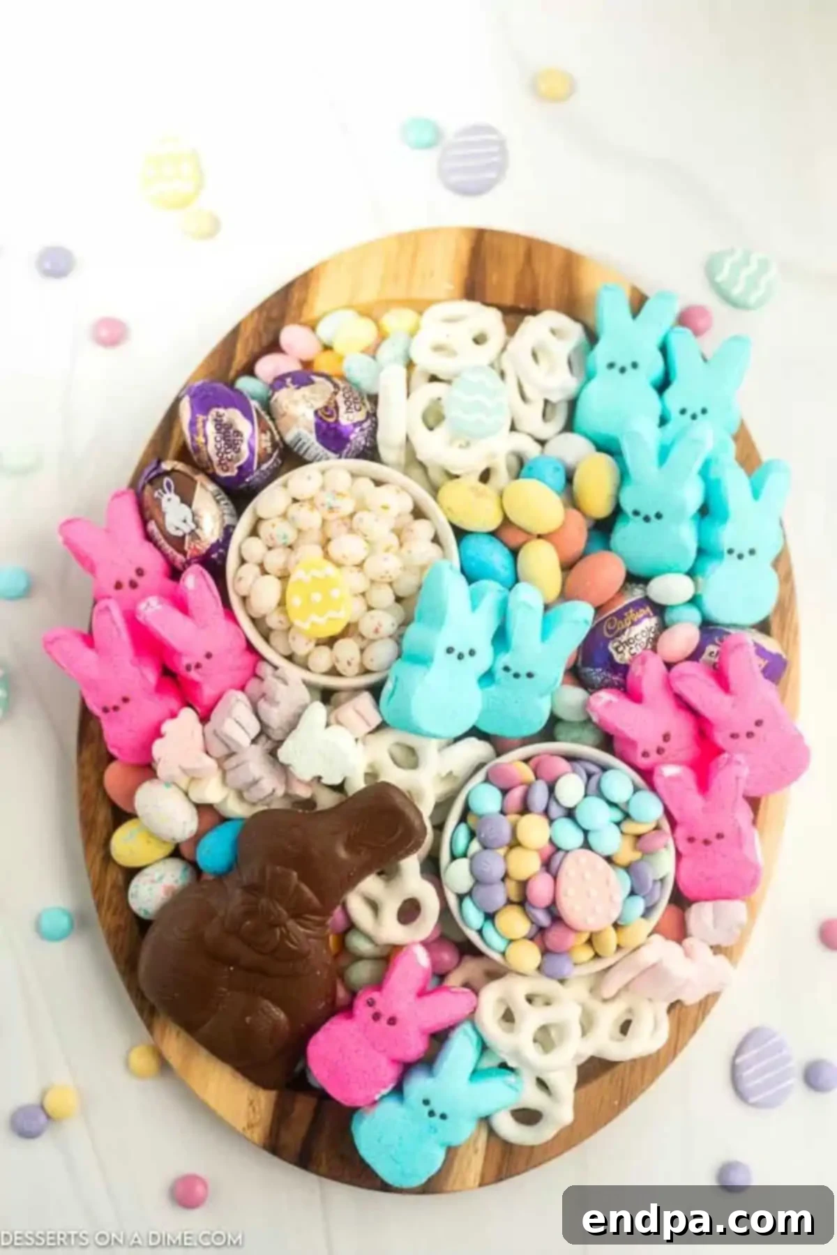 Easter Candy Charcuterie Board with candy arranged together, featuring large chocolate bunny.