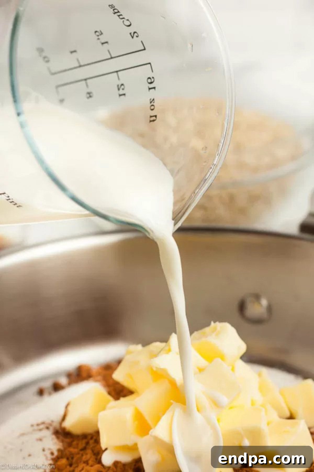 Effortless No-Bake Cookies 2 Combining the ingredients in a pan on the stove top.