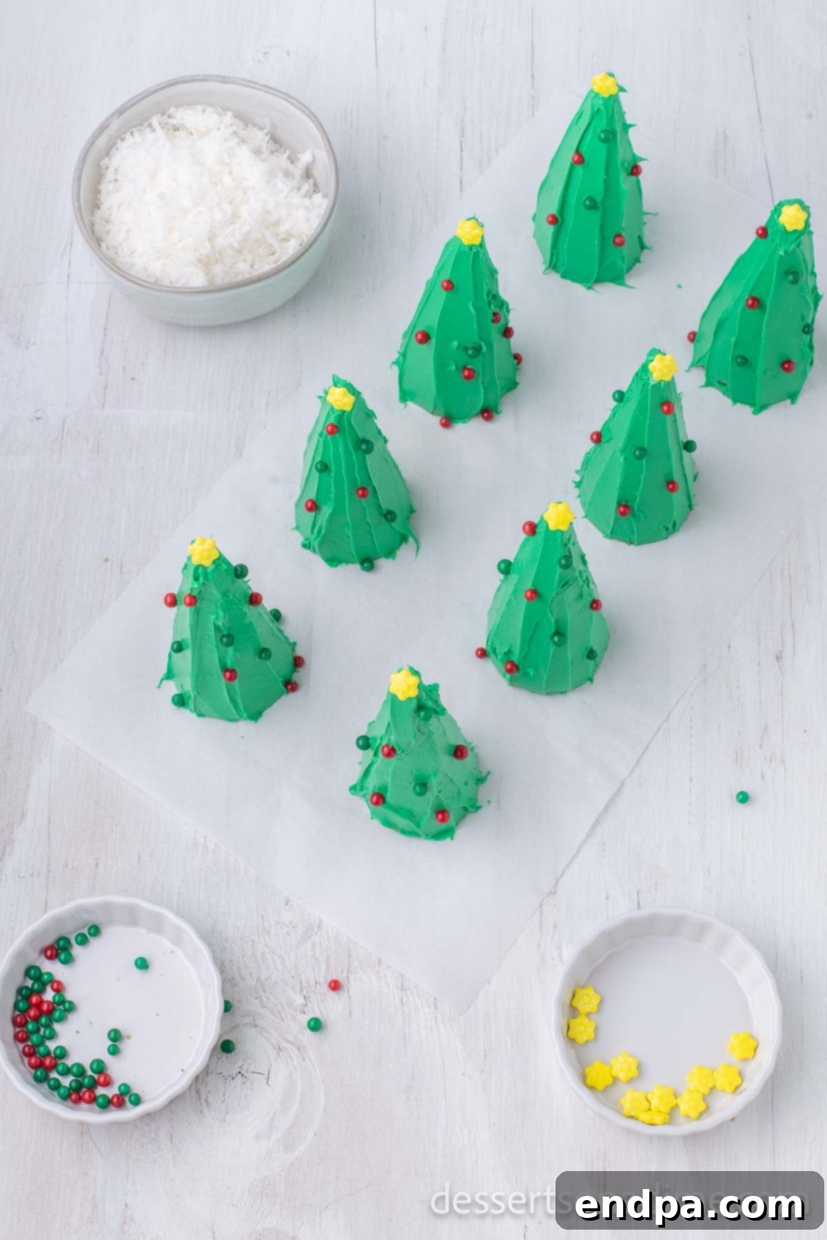 Decorated Ice Cream Cone Christmas Trees with candies as ornaments.