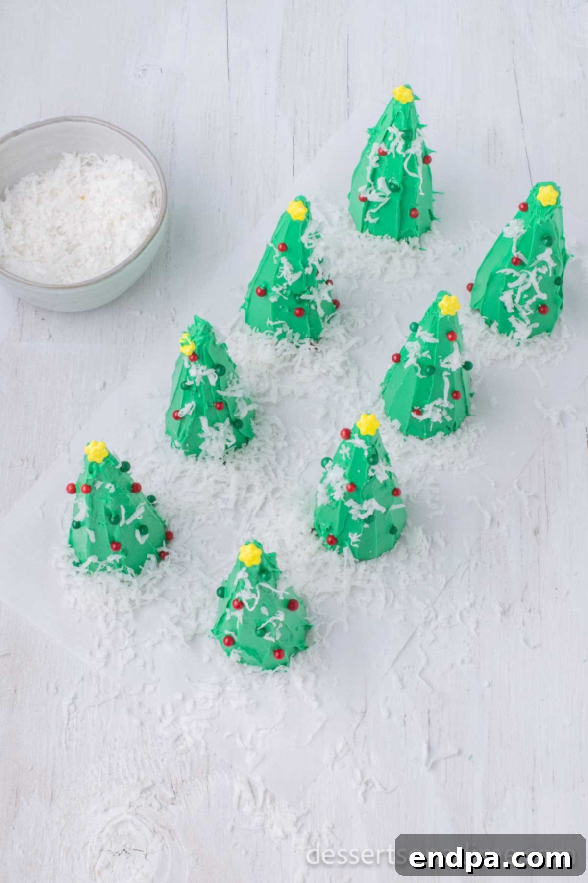 Ice Cream Cone Christmas Trees with shredded coconut for snow.