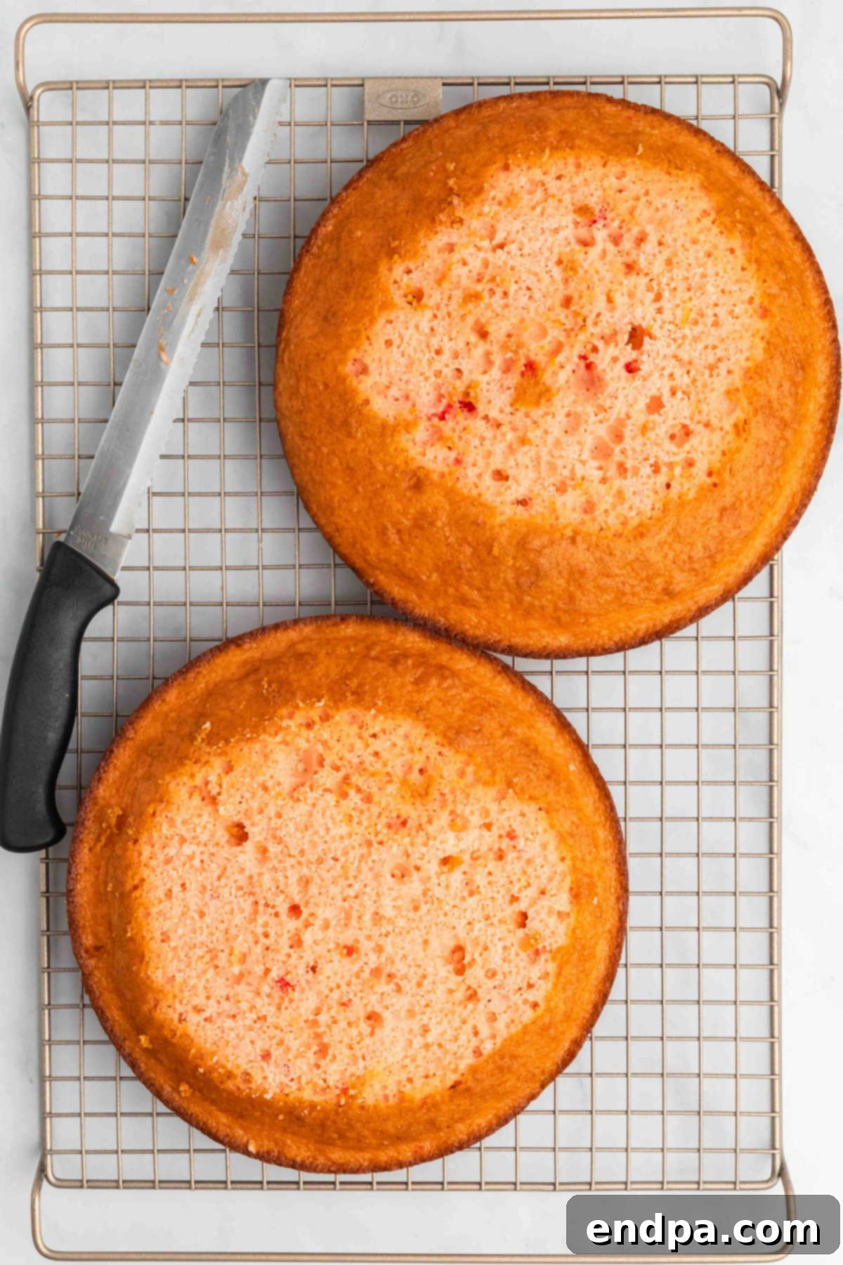 Cake layers on cooling rack.