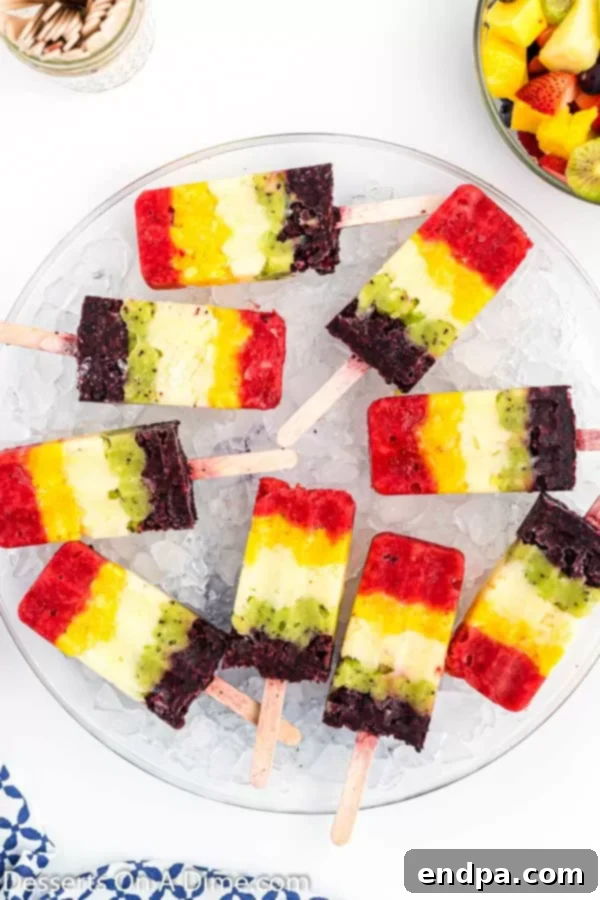Frozen Rainbow Delights 8 A close-up photo of several Rainbow Popsicles neatly arranged on a tray, ready to be enjoyed.