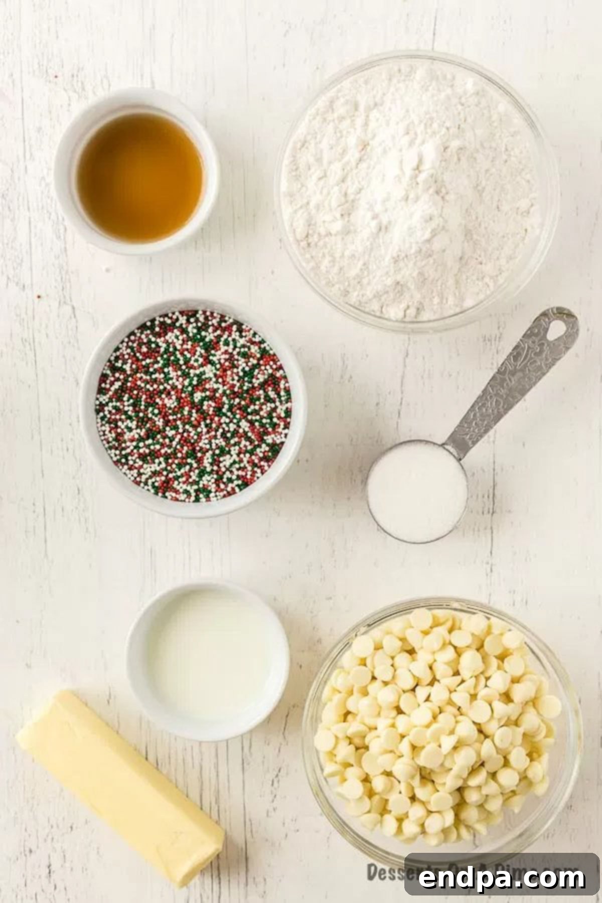 Ingredients for Christmas Truffles- cake mix, sprinkles, white chocolate, butter,. 