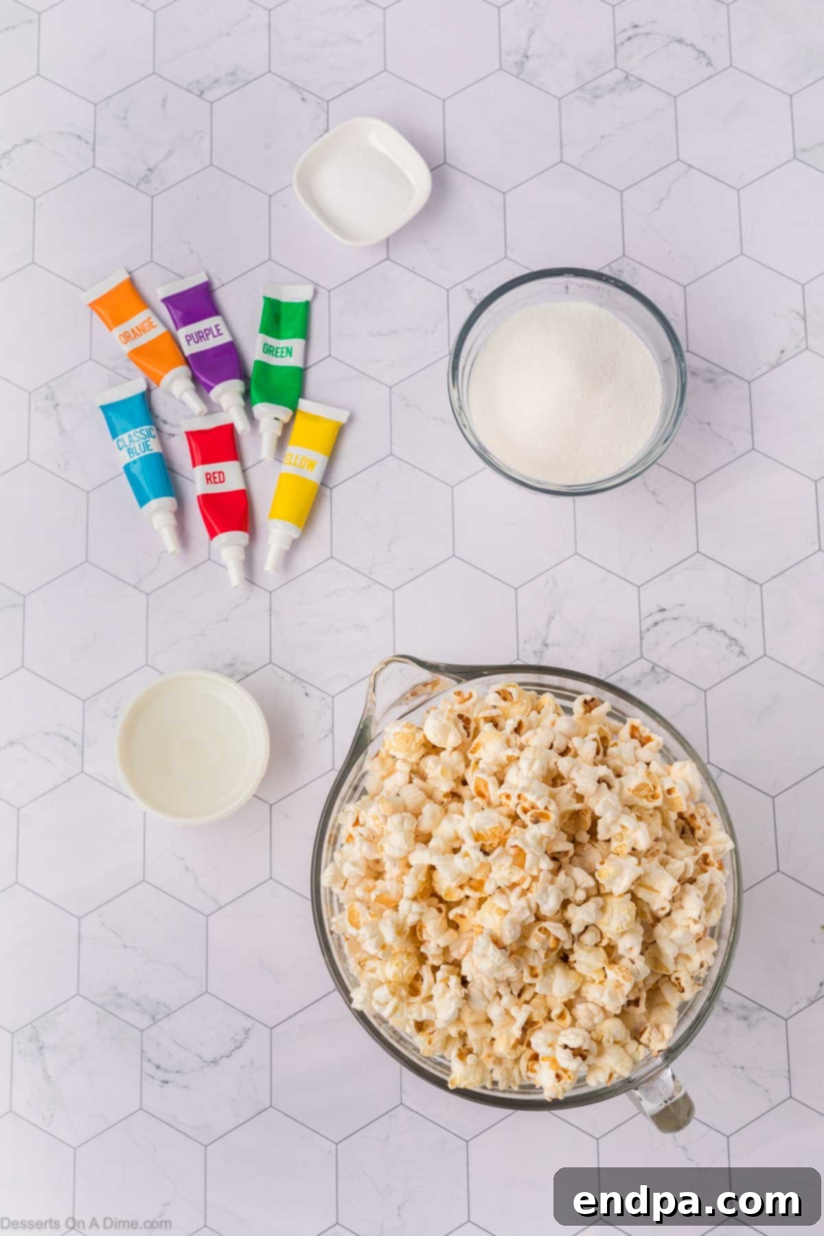 Kaleidoscope Kernels 3 Ingredients for rainbow popcorn - popcorn, gell food coloring.