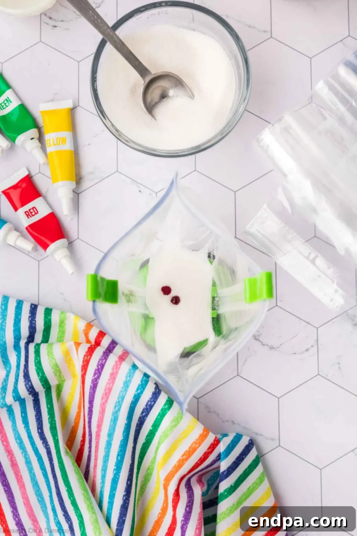 Kaleidoscope Kernels 6 Food coloring added to each bag of sugar.