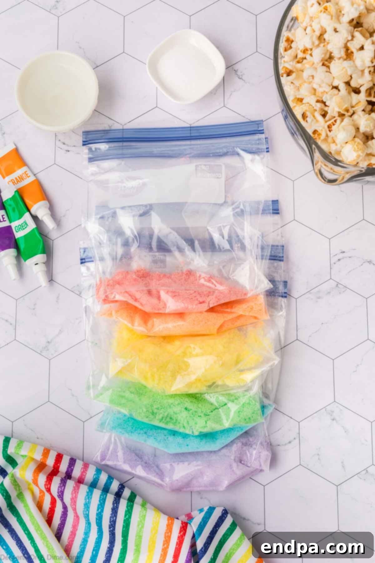 Kaleidoscope Kernels 8 Bags with different colors of sugar.