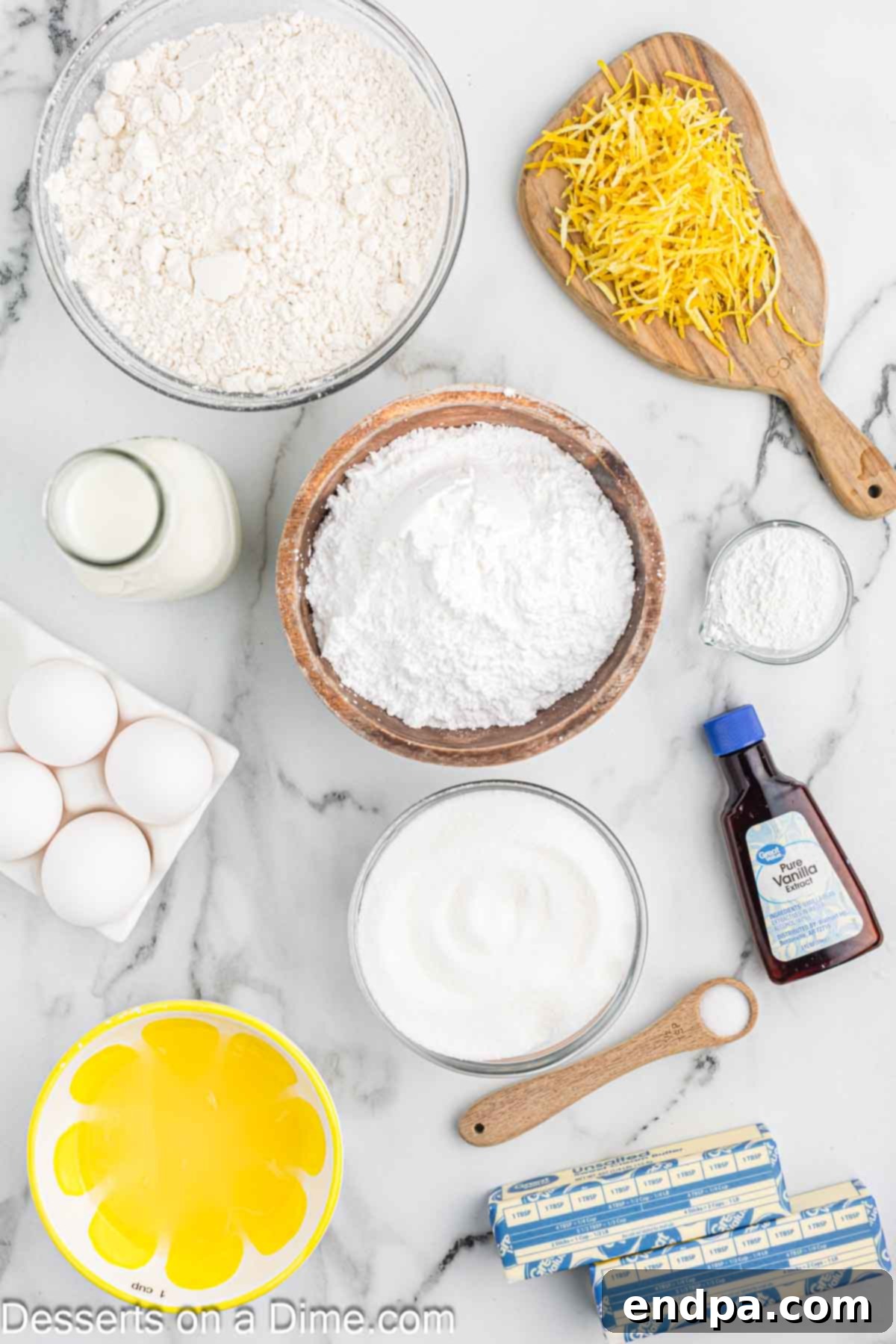 Sunshine Lemon Cake 3 Ingredients for lemon cake including flour, baking soda, butter, sugar, lemons, vanilla, and milk.