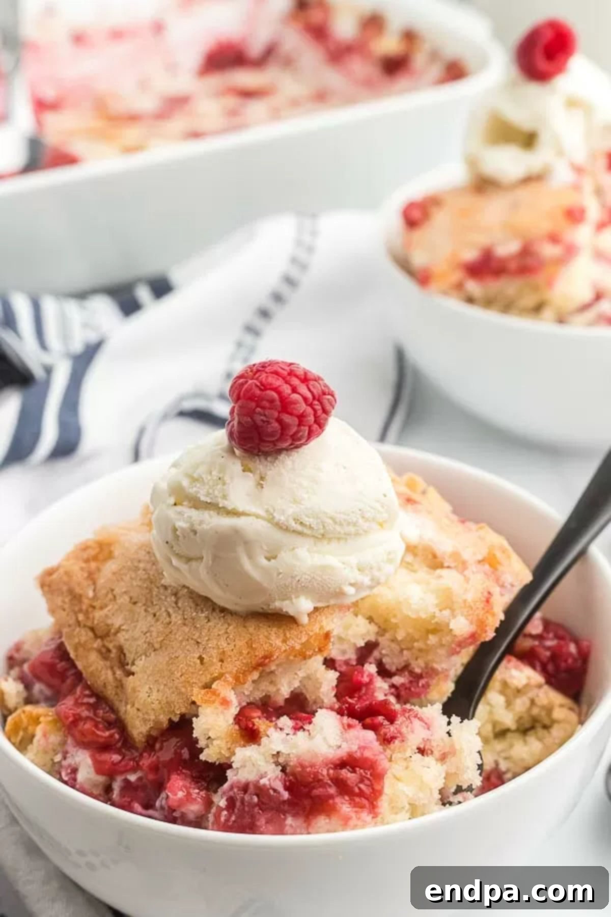 Cobbler in a bowl topped with ice cream and garnished with fresh raspberries.