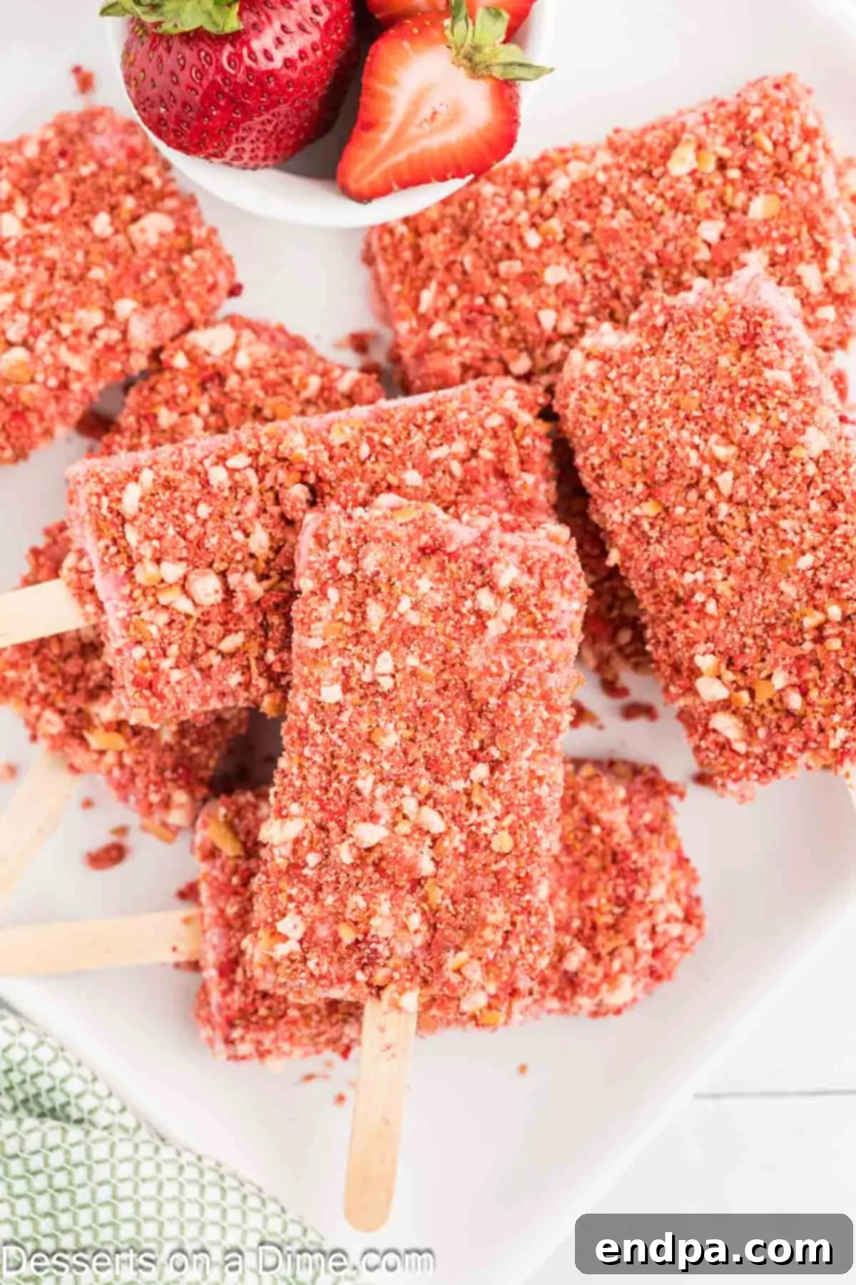 Delicious homemade Strawberry Shortcake Popsicles on a white background, showing the creamy pink interior and crunchy strawberry crumb topping.