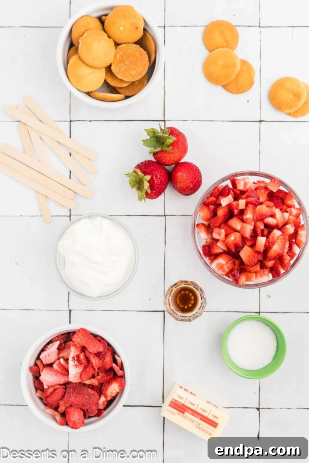 Two Strawberry Shortcake Popsicles, one with a bite taken out, showcasing the creamy interior and vibrant crumb coating.