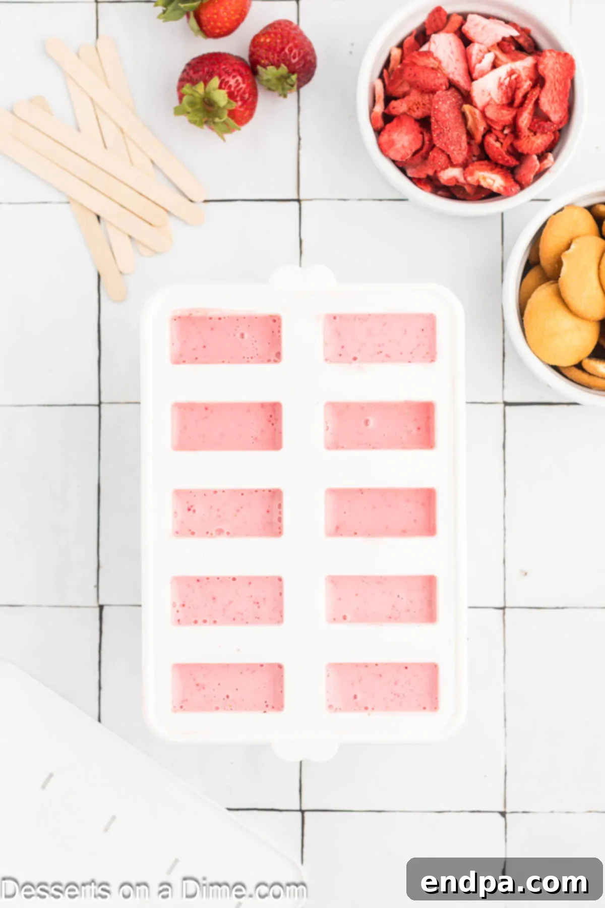 Popsicle molds filled with creamy strawberry mixture, with popsicle sticks inserted, ready for freezing.