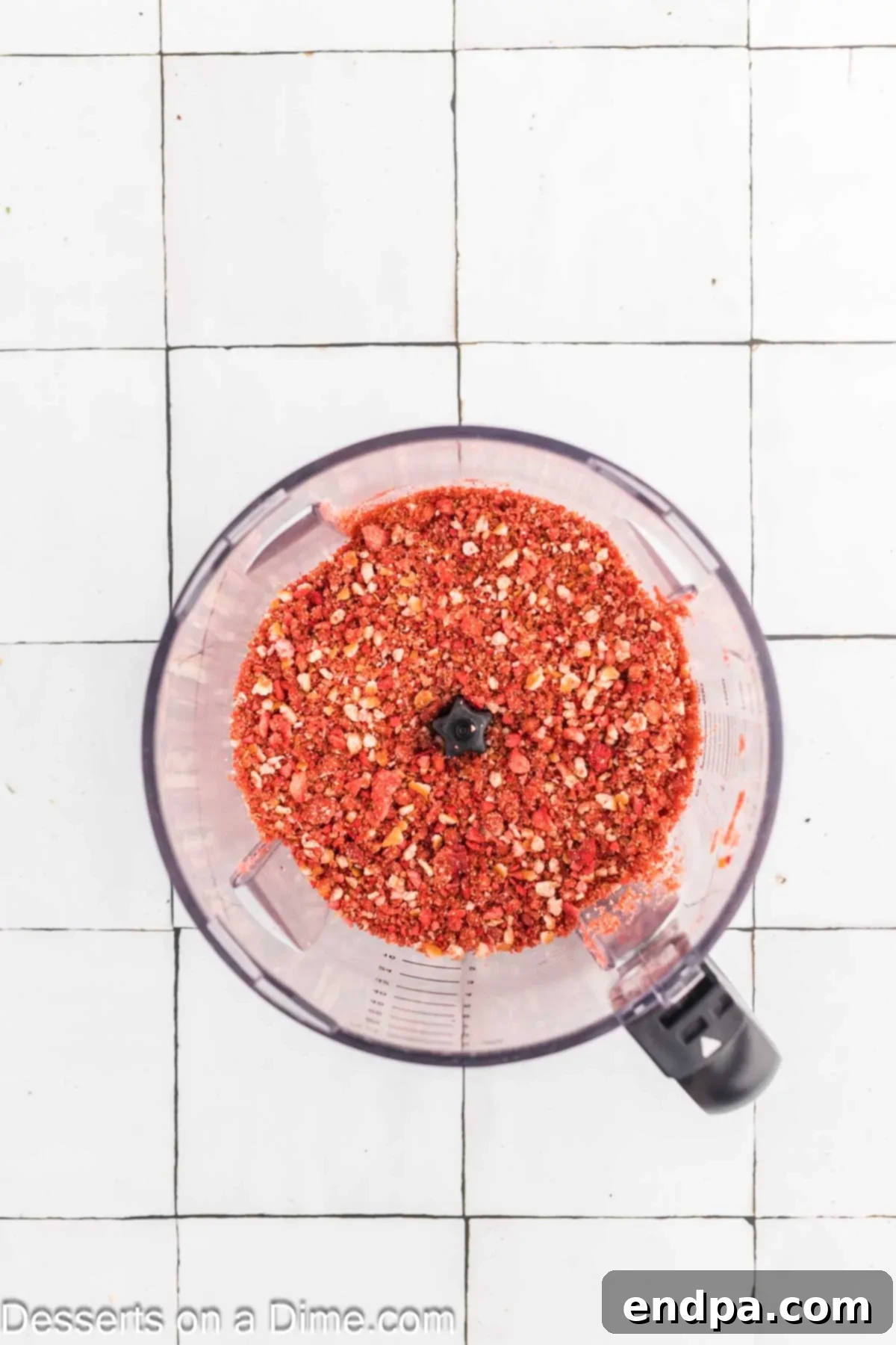 Melted butter being added to the processed strawberry and vanilla wafer crumbs in a food processor.