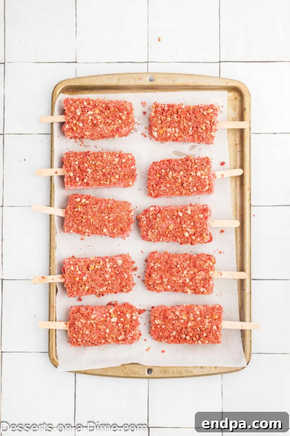 Freshly coated Strawberry Shortcake Popsicles lined up on a parchment-lined baking sheet, ready for a final freeze.