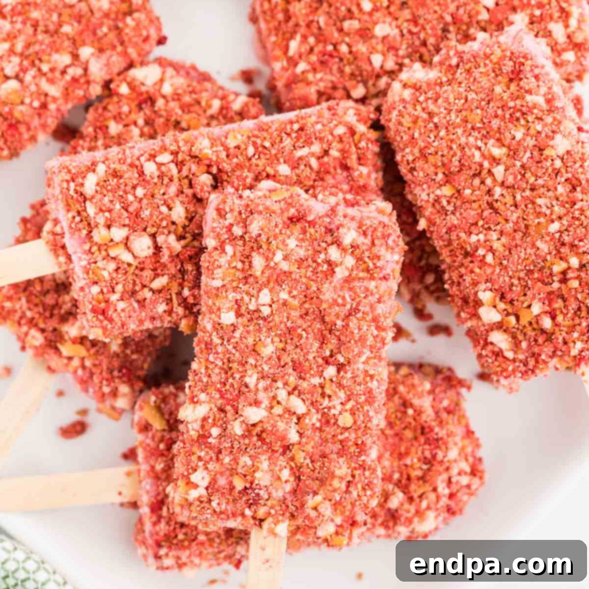 A perfectly coated Strawberry Shortcake Popsicle ready to be enjoyed, highlighting its crunchy exterior and cool center.