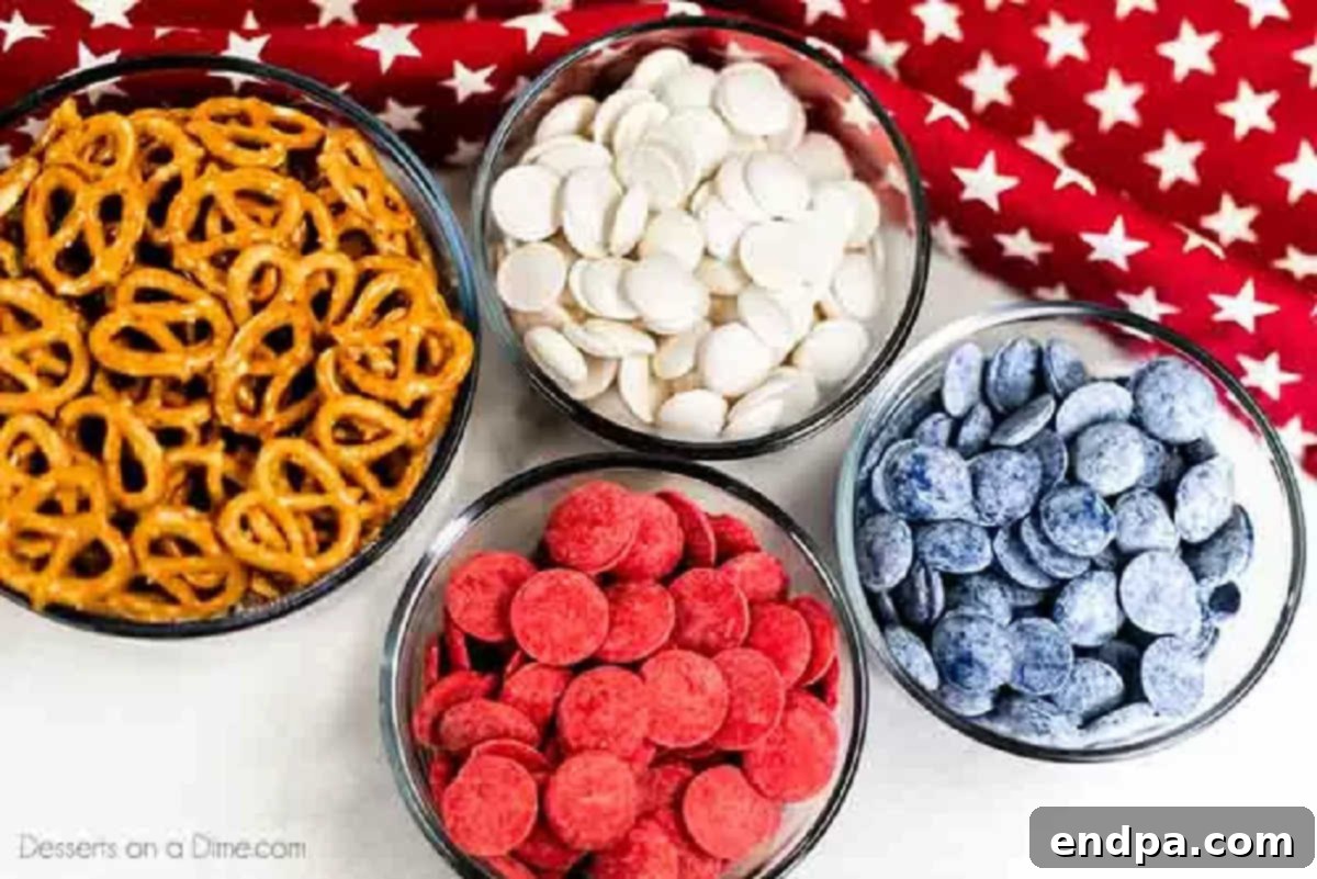 Ingredients needed: miniature pretzel twists, red candy melts, royal blue candy melts, white candy melts.