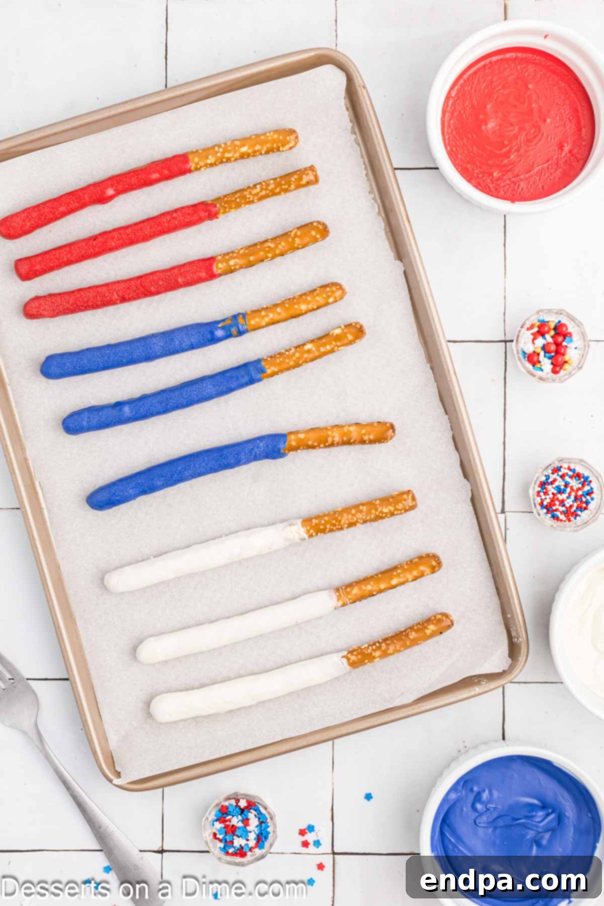 Step 2: Dip pretzel rods into the melted candy melts, removing excess.