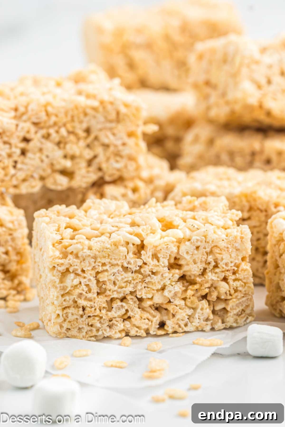 Crispy Marshmallow Bars 12 Close-up of a stack of golden Rice Krispie treats, showing their chewy texture.