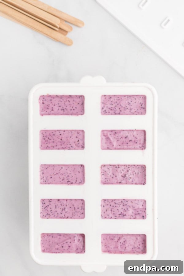 Healthy & Delicious Greek Yogurt Popsicles 5 The blended Greek yogurt and fruit mixture being carefully poured into individual popsicle molds, ready for freezing.