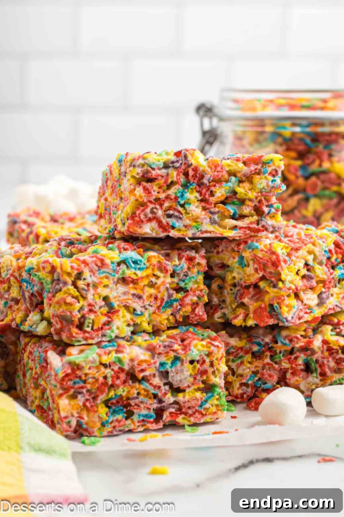 Fruity Pebbles bars stacked together, showcasing their vibrant colors and gooey texture.