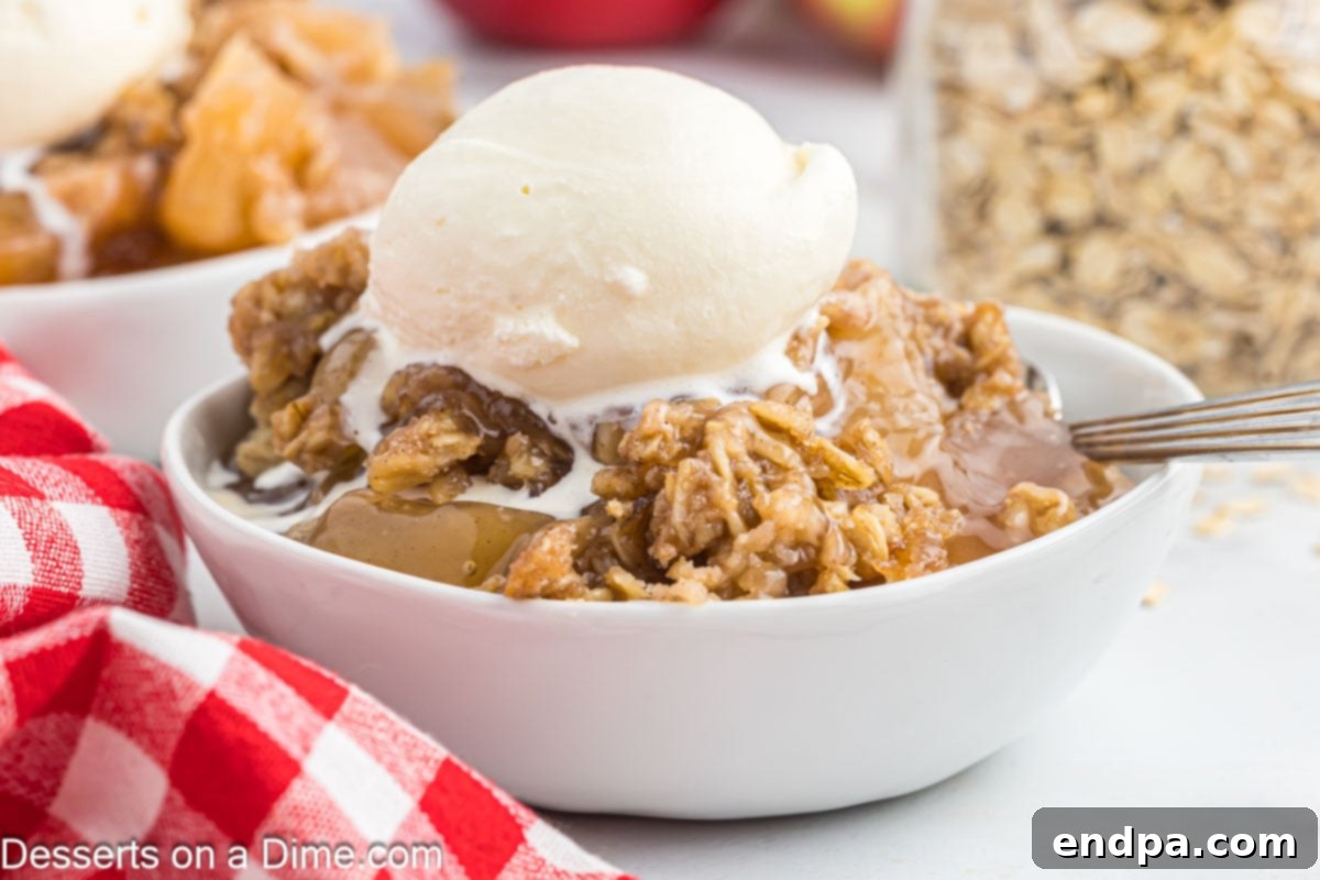 Cozy Slow Cooker Apple Crisp 2 Apple Crisp in a bowl with ice cream.